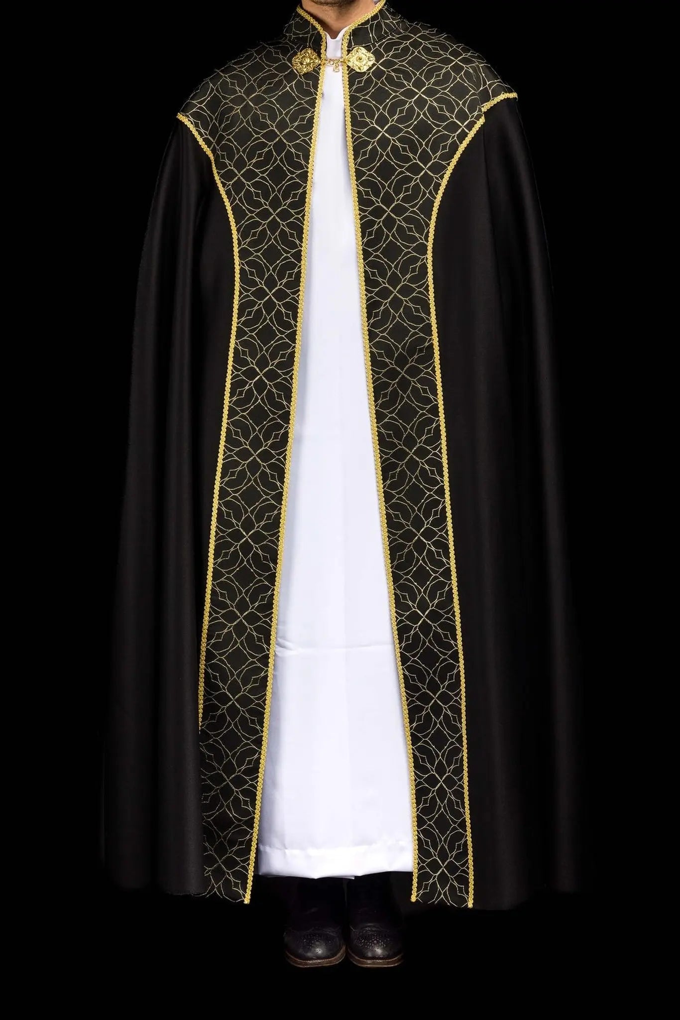 Embroidered black cope decorated with jacquard fabric