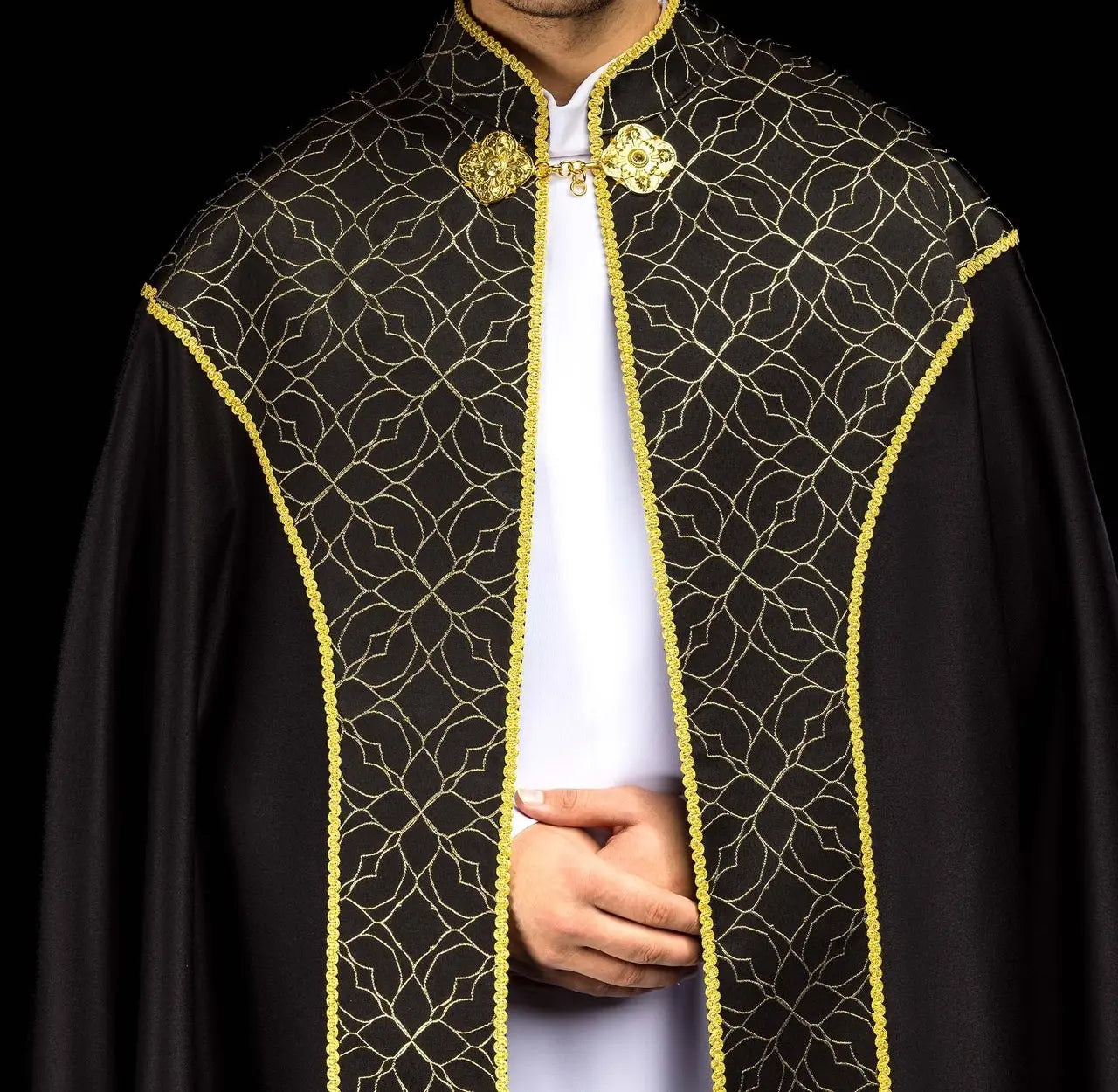 Embroidered black cope decorated with jacquard fabric