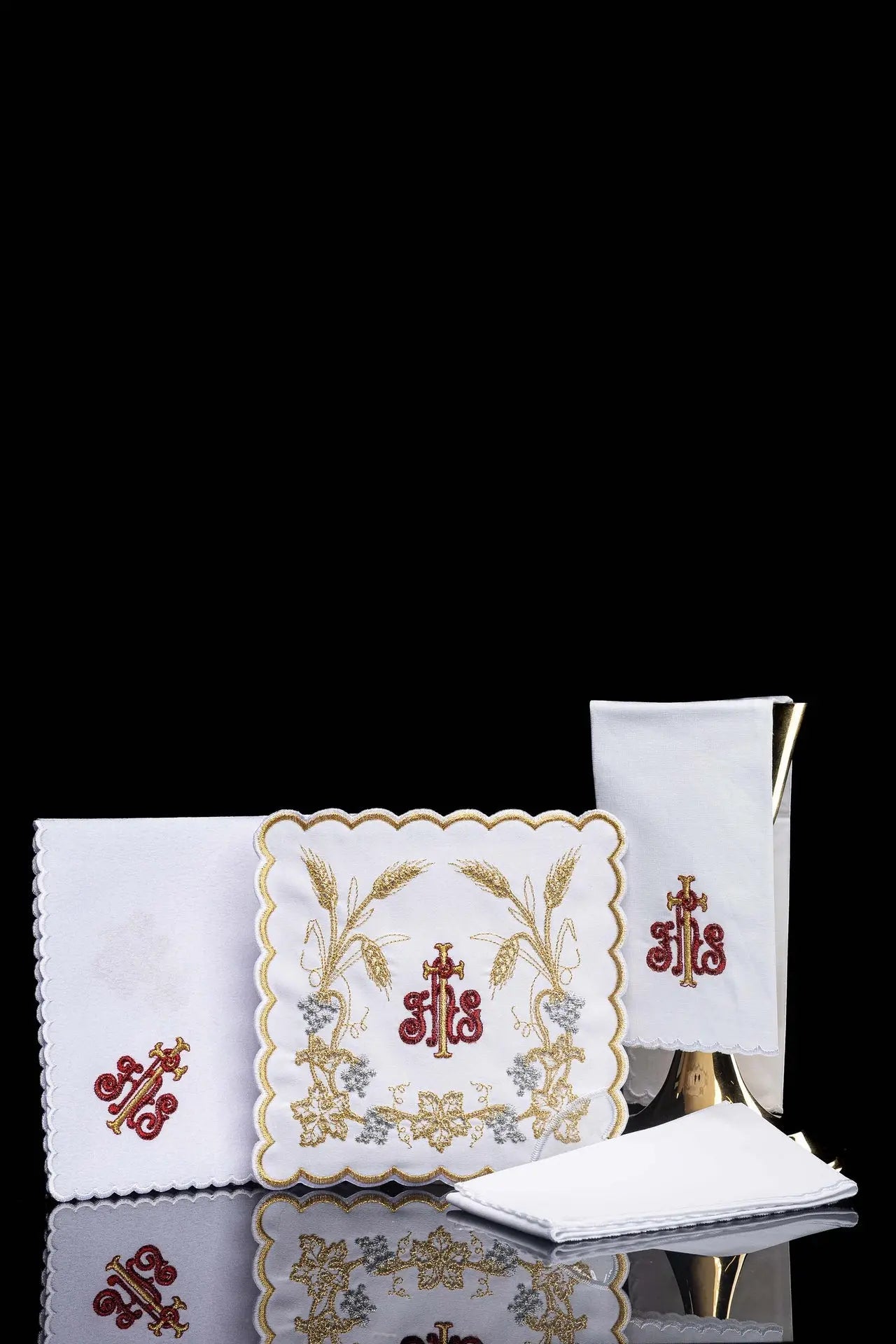 Richly decorated chalice linen with IHS embroidery and ears
