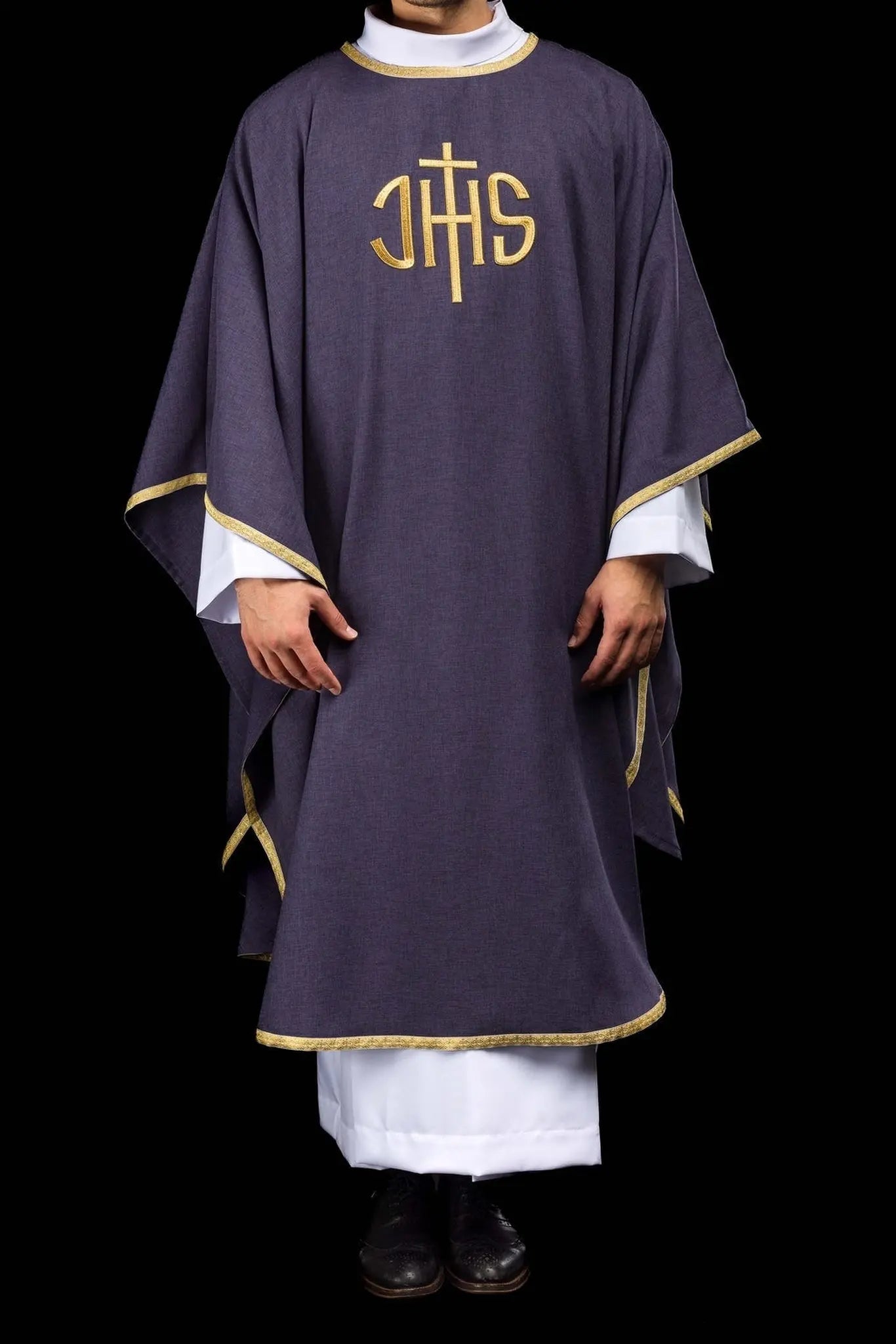 Purple liturgical chasuble with gold IHS embroidery