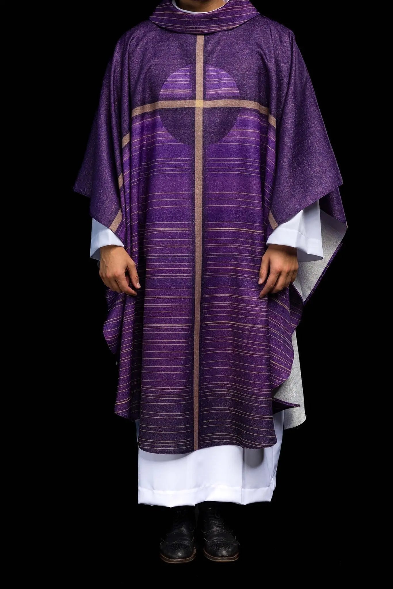 Purple printed chasuble with a cross motif