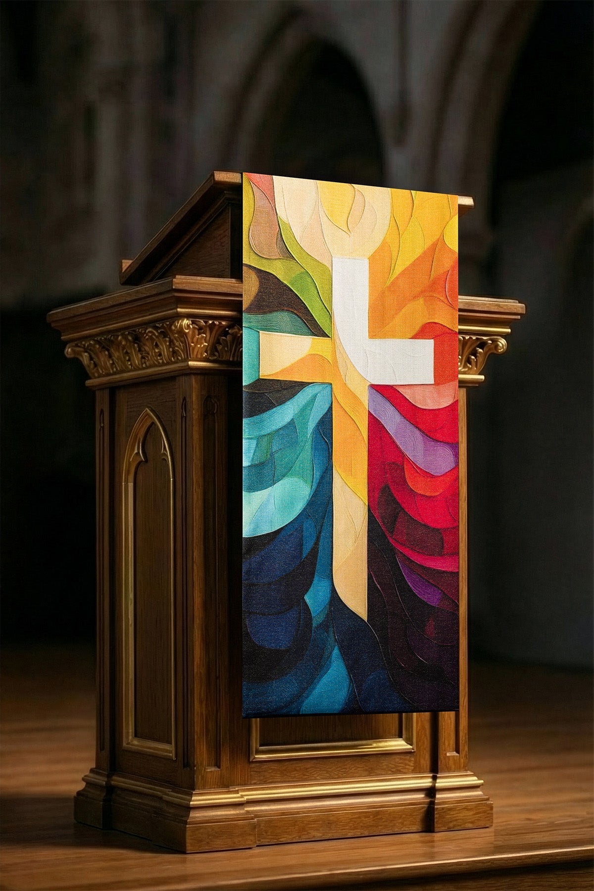 Multicolour Printed Lectern Cover with Cross Motif