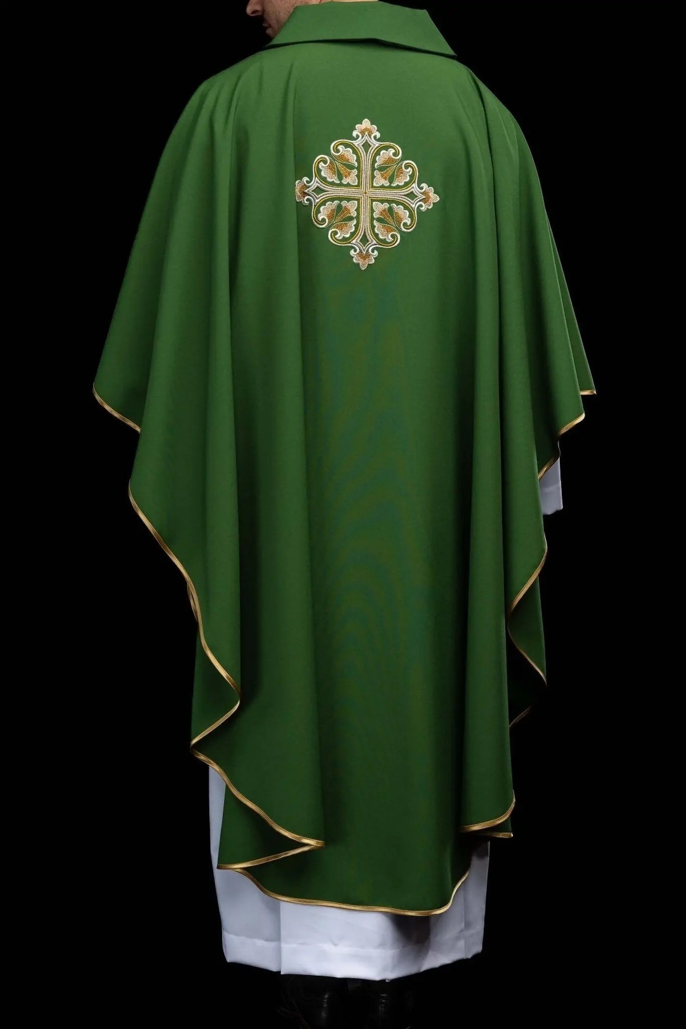Green Embroidered Chasuble with Ornamental Cross and Wide Collar