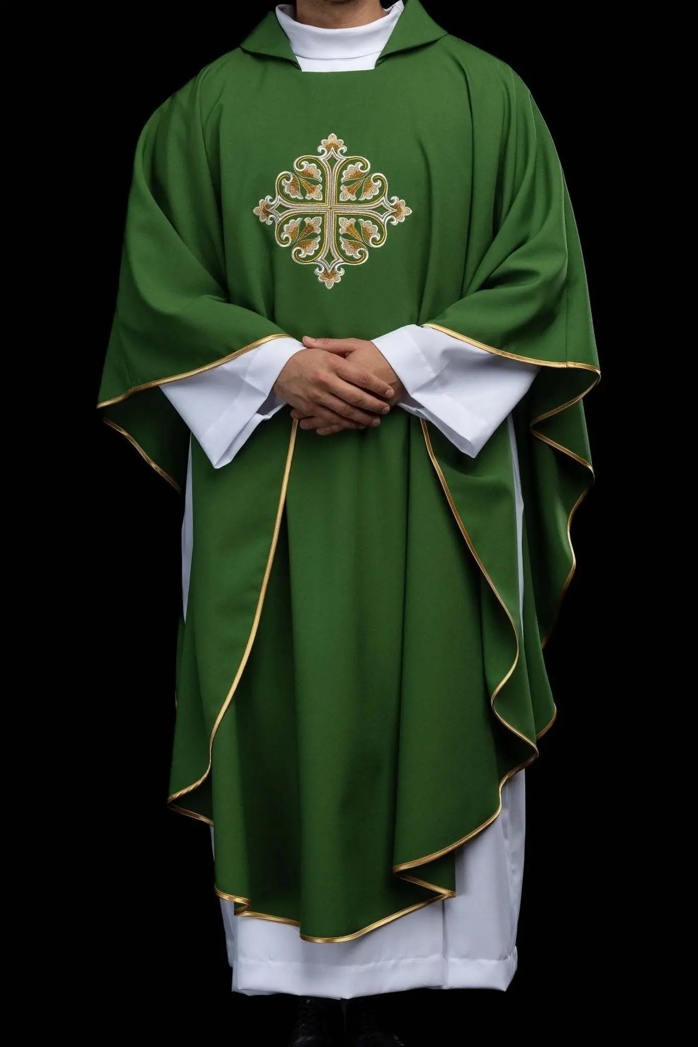 Green Embroidered Chasuble with Ornamental Cross and Wide Collar