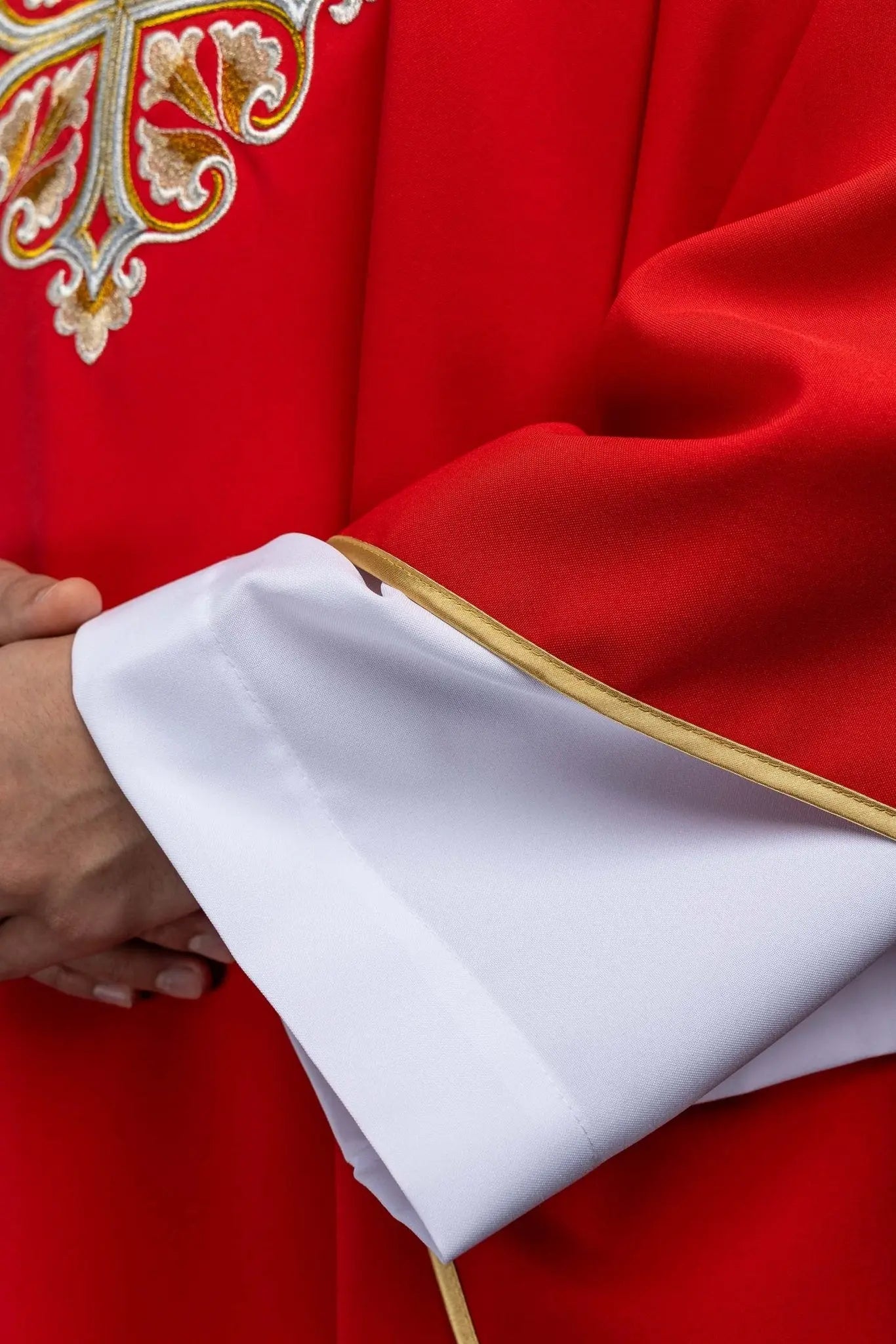 Red Embroidered Chasuble with Ornamental Cross and Wide Collar