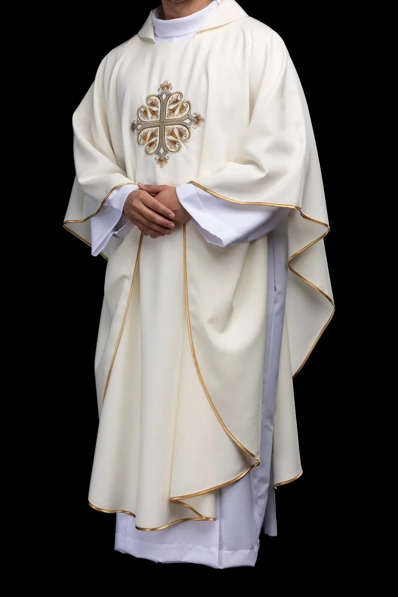 Ecru Embroidered Chasuble with Ornamental Cross and Wide Collar