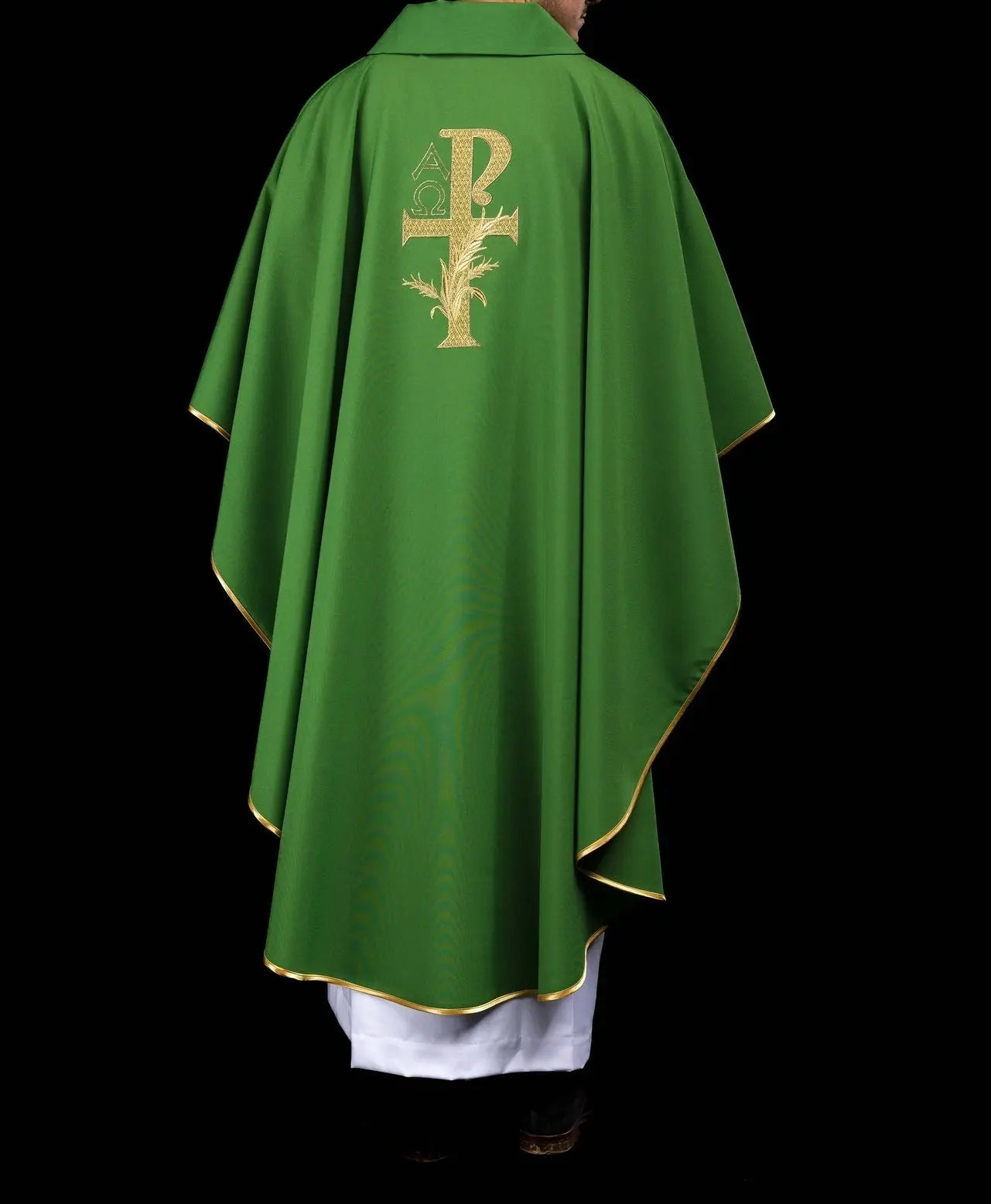 Embroidered chasuble with the Alpha and Omega symbol and wide collar green