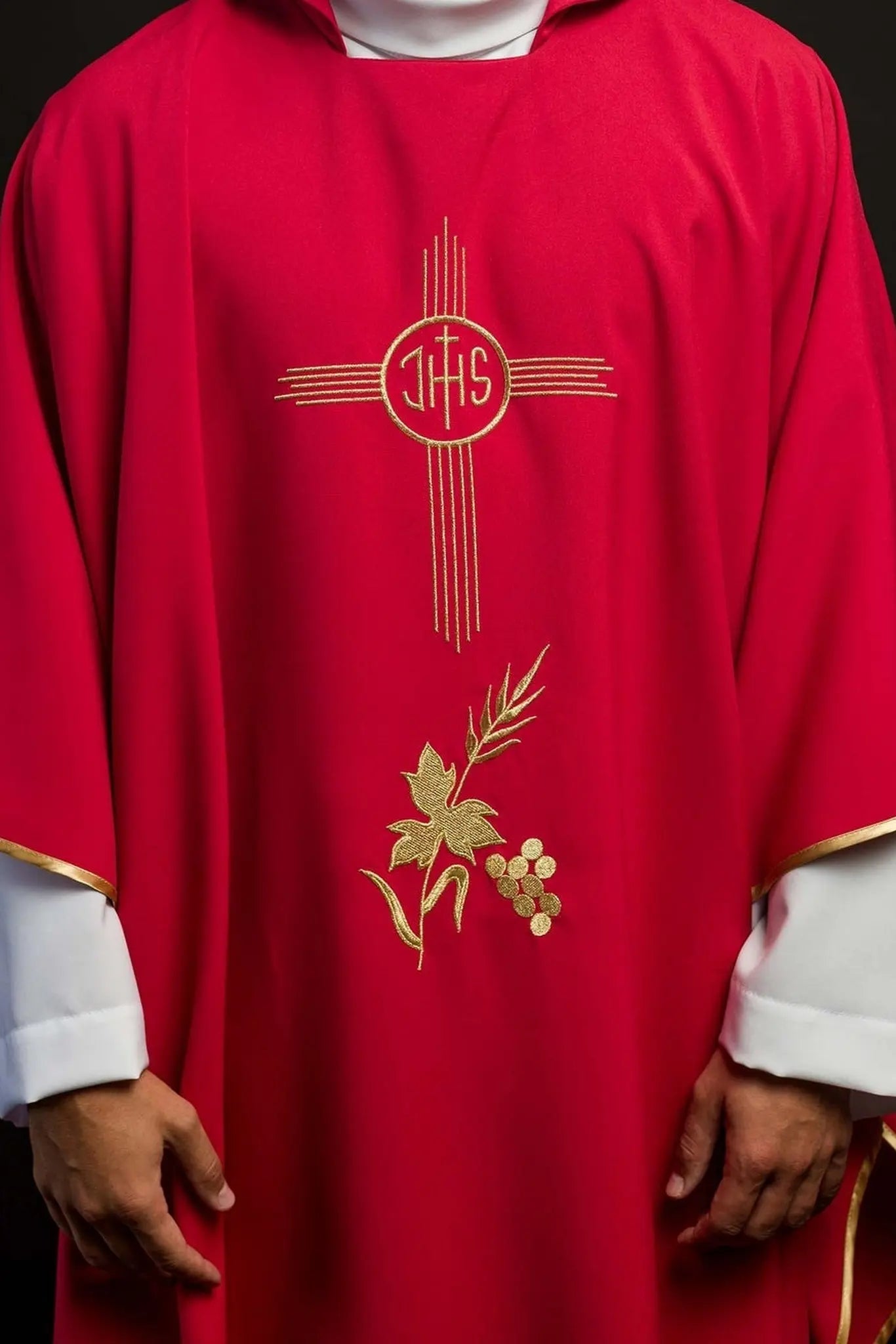 Red Embroidered Chasuble with Wide Collar and IHS Motif