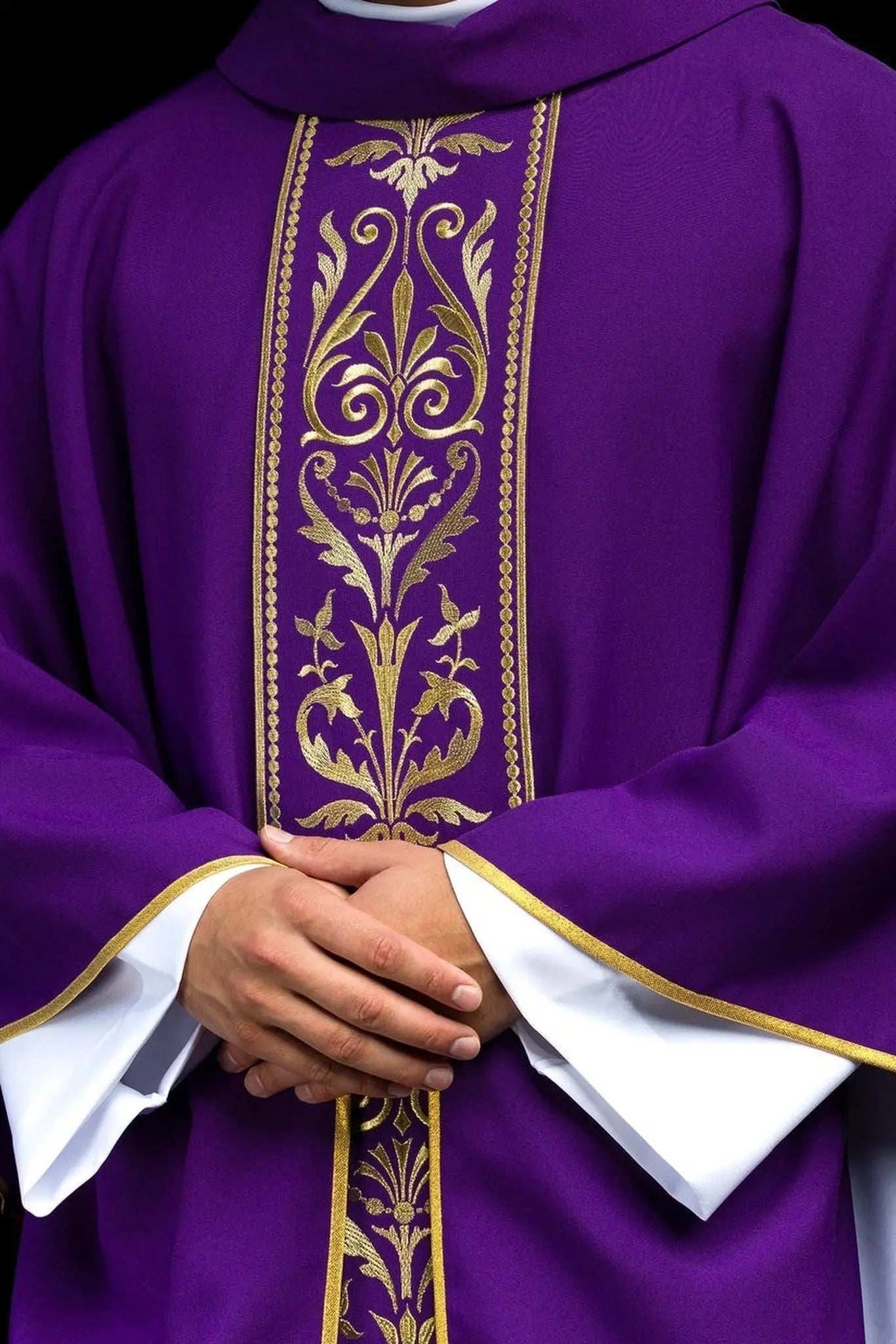 Purple liturgical chasuble decorated with gold embroidered belt
