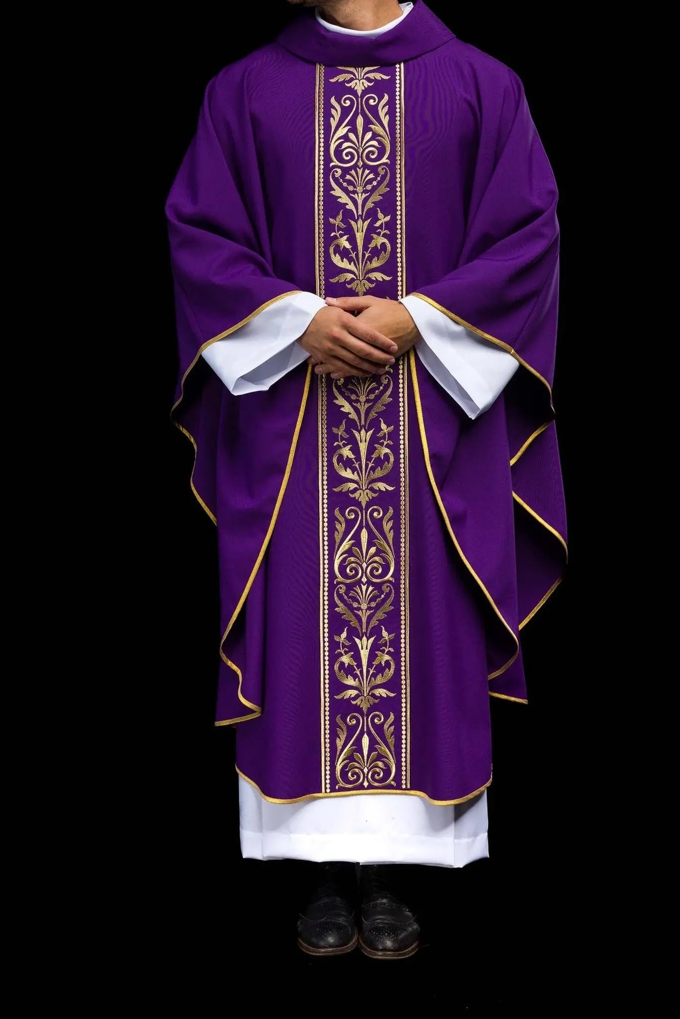 Purple liturgical chasuble decorated with gold embroidered belt