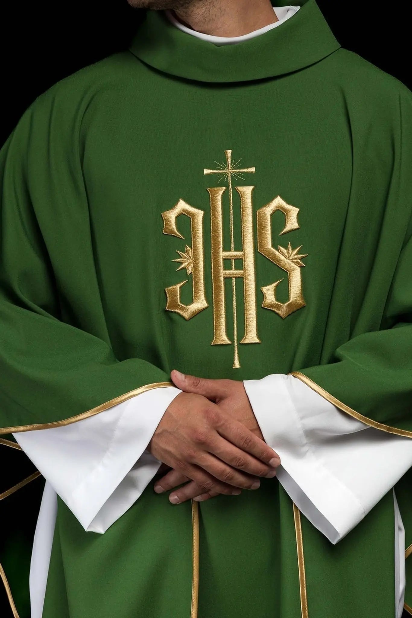Green embroidered chasuble with gold IHS motif