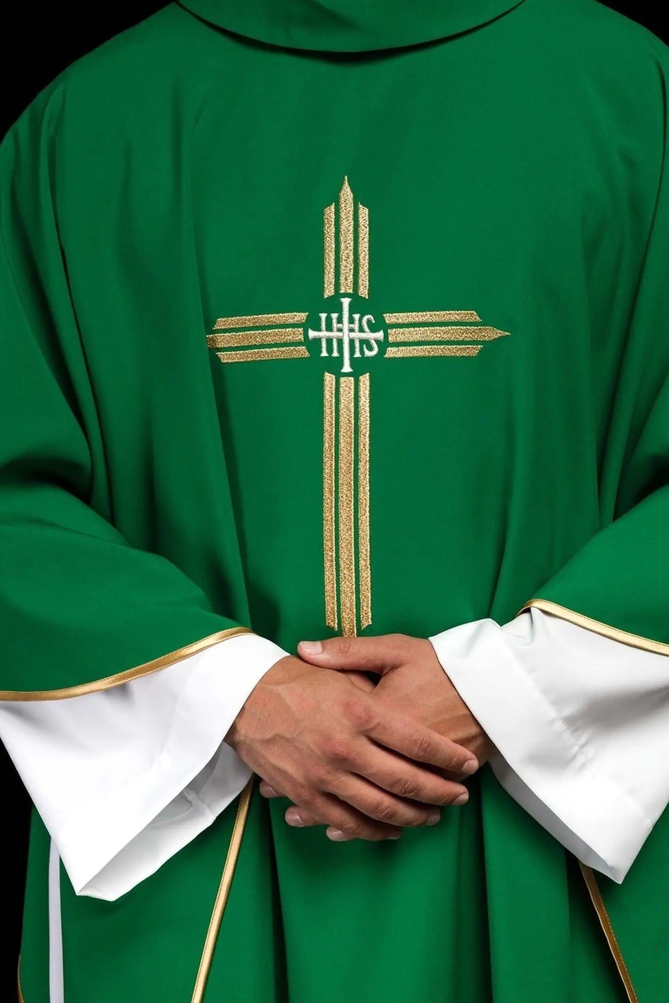 Green embroidered chasuble with IHS Cross