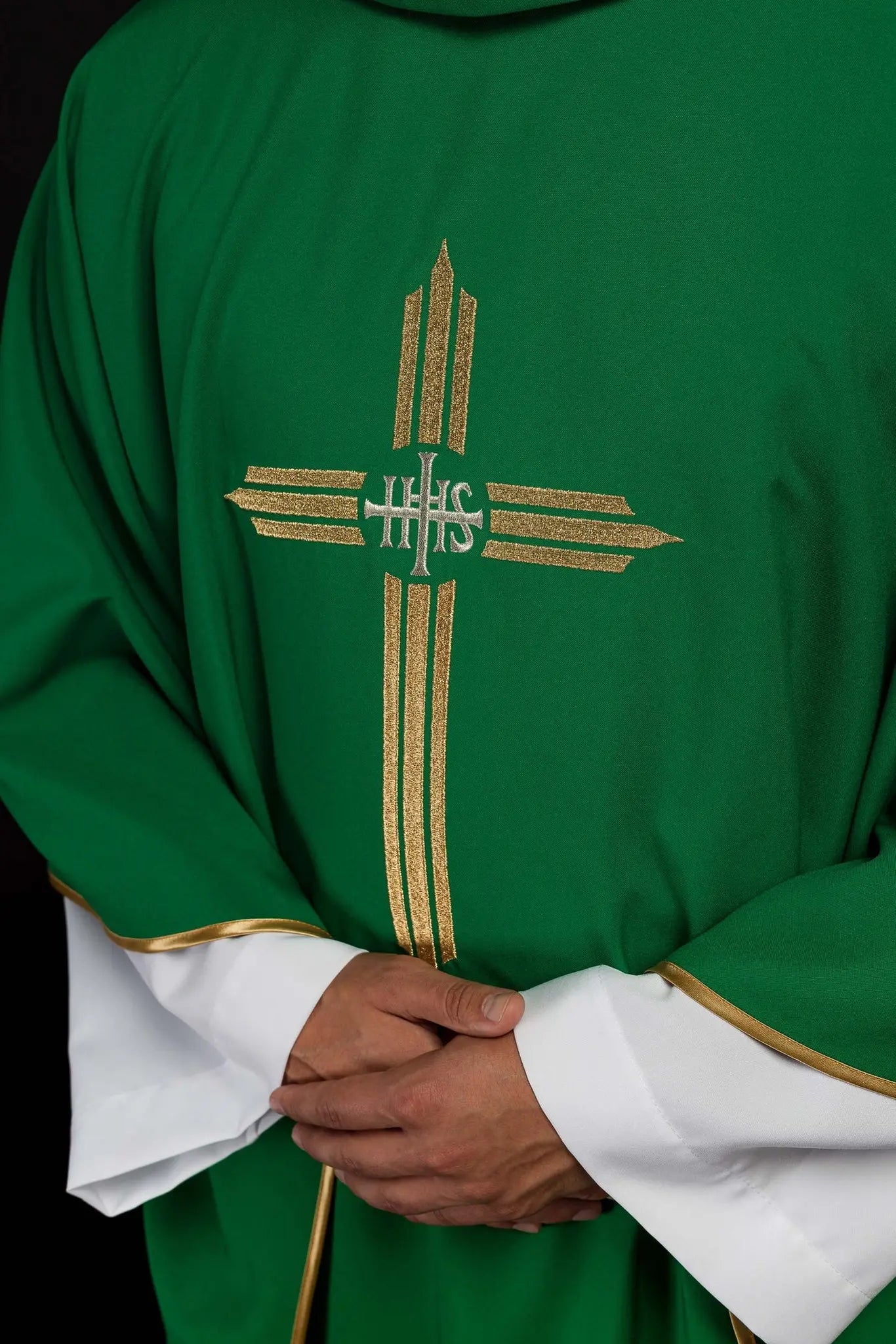 Green embroidered chasuble with IHS Cross