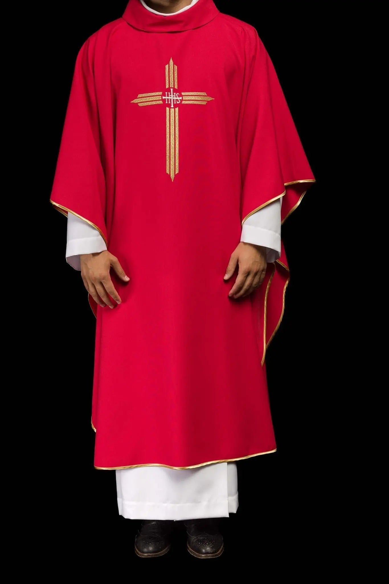 Red chasuble embroidered with IHS Cross
