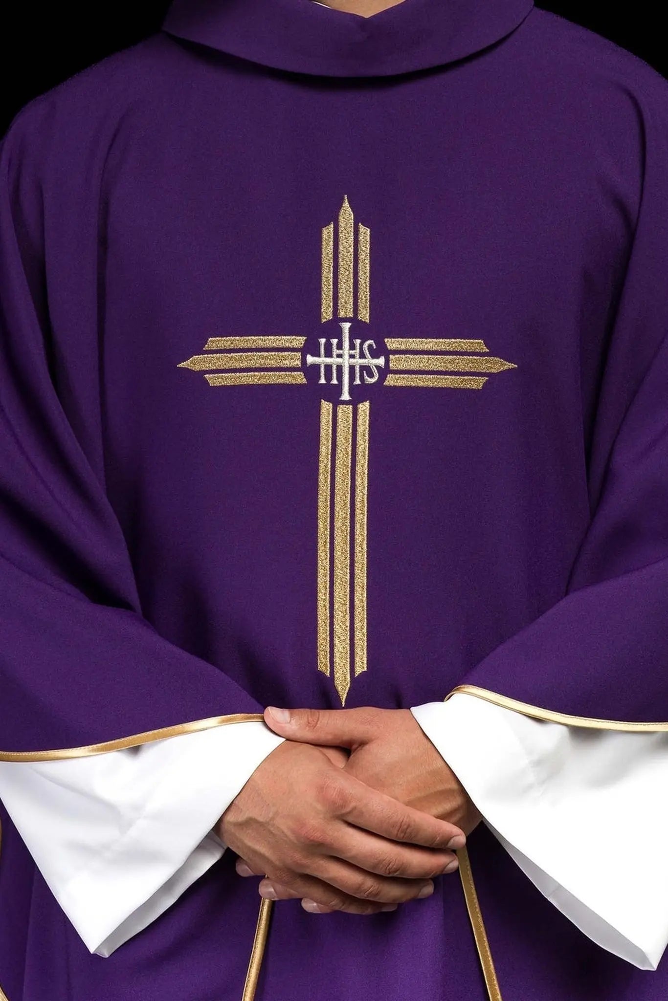 Purple embroidered chasuble with IHS Cross