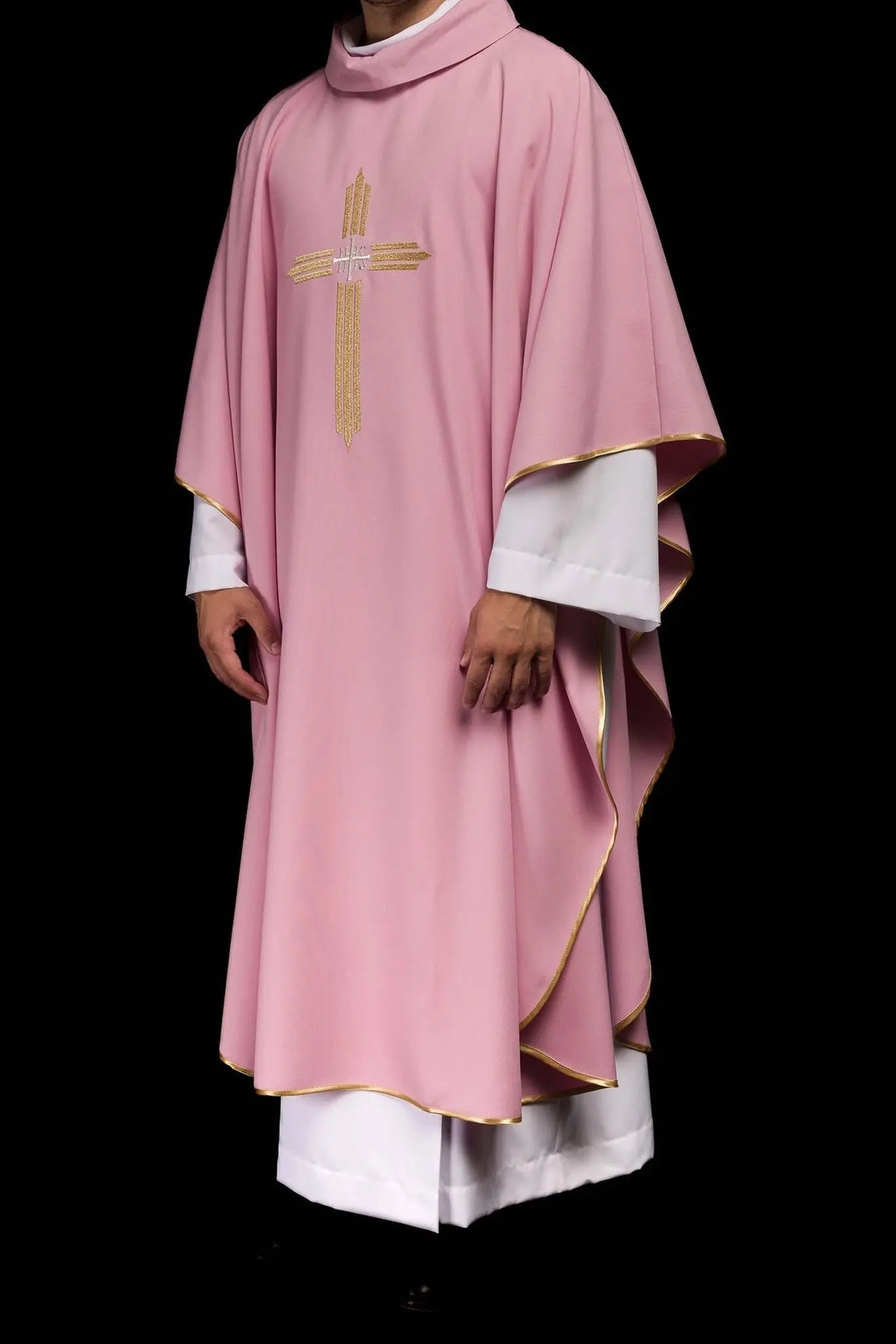 Pink chasuble with gold IHS embroidery