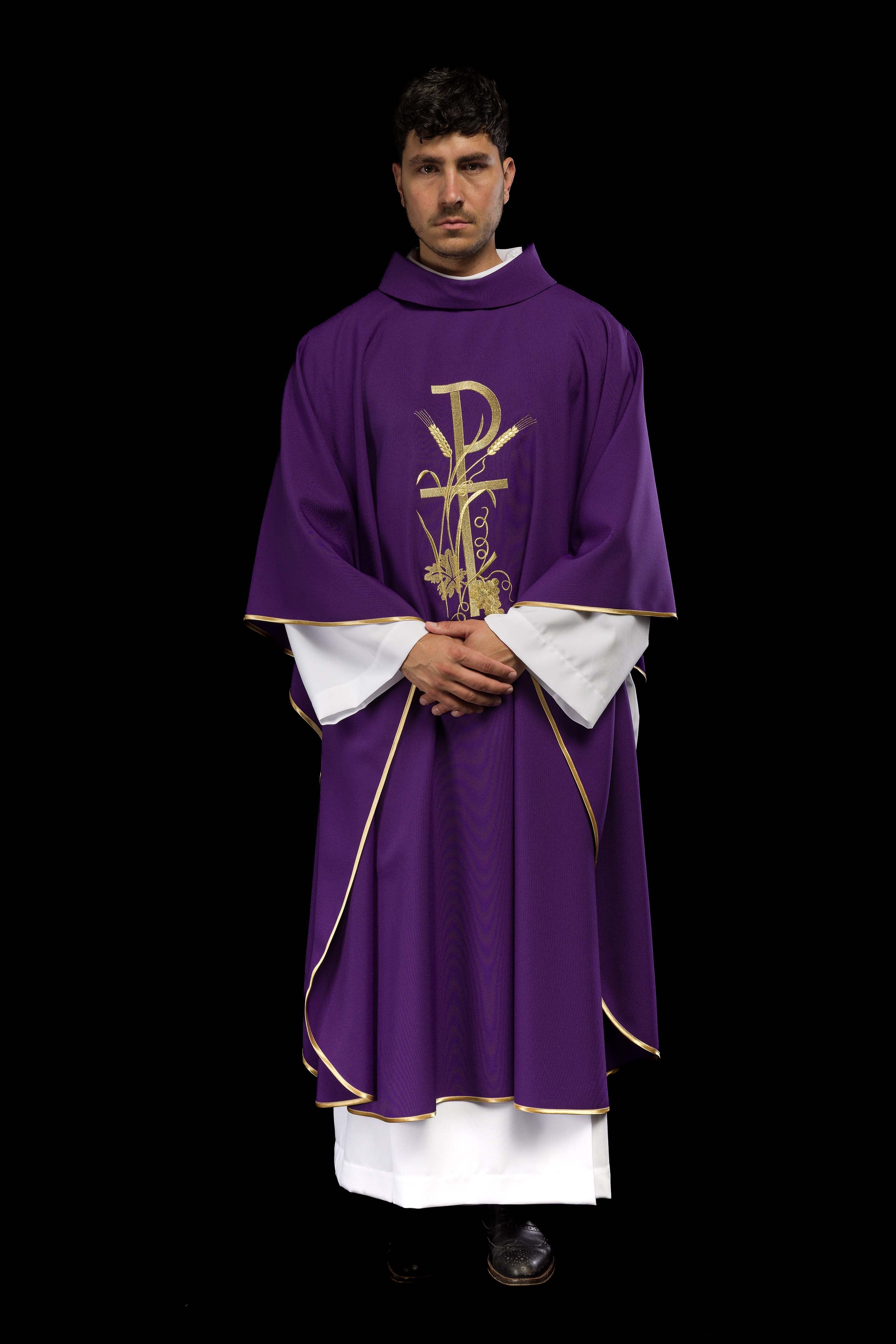 Purple chasuble with gold cross embroidery
