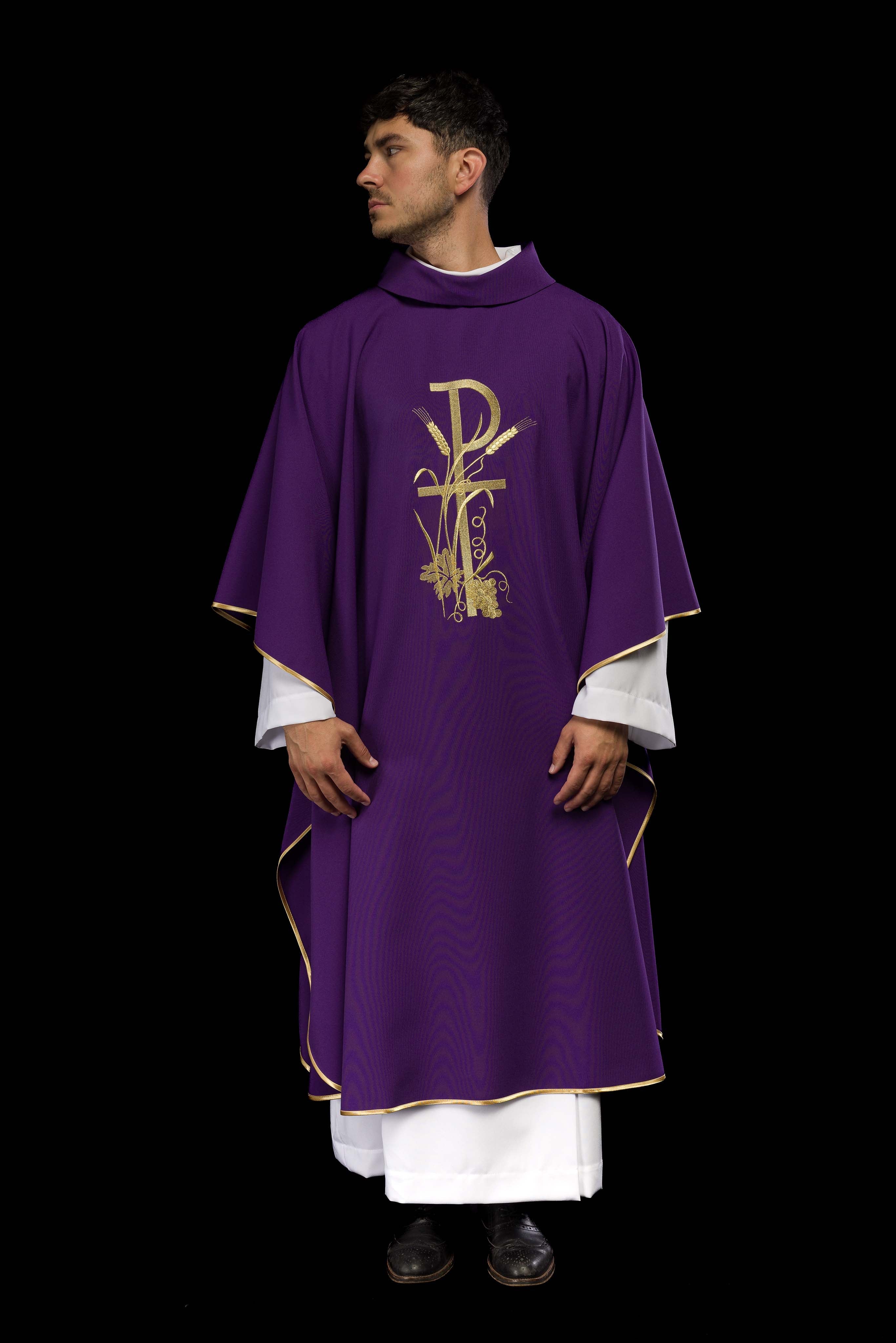 Purple chasuble with gold cross embroidery