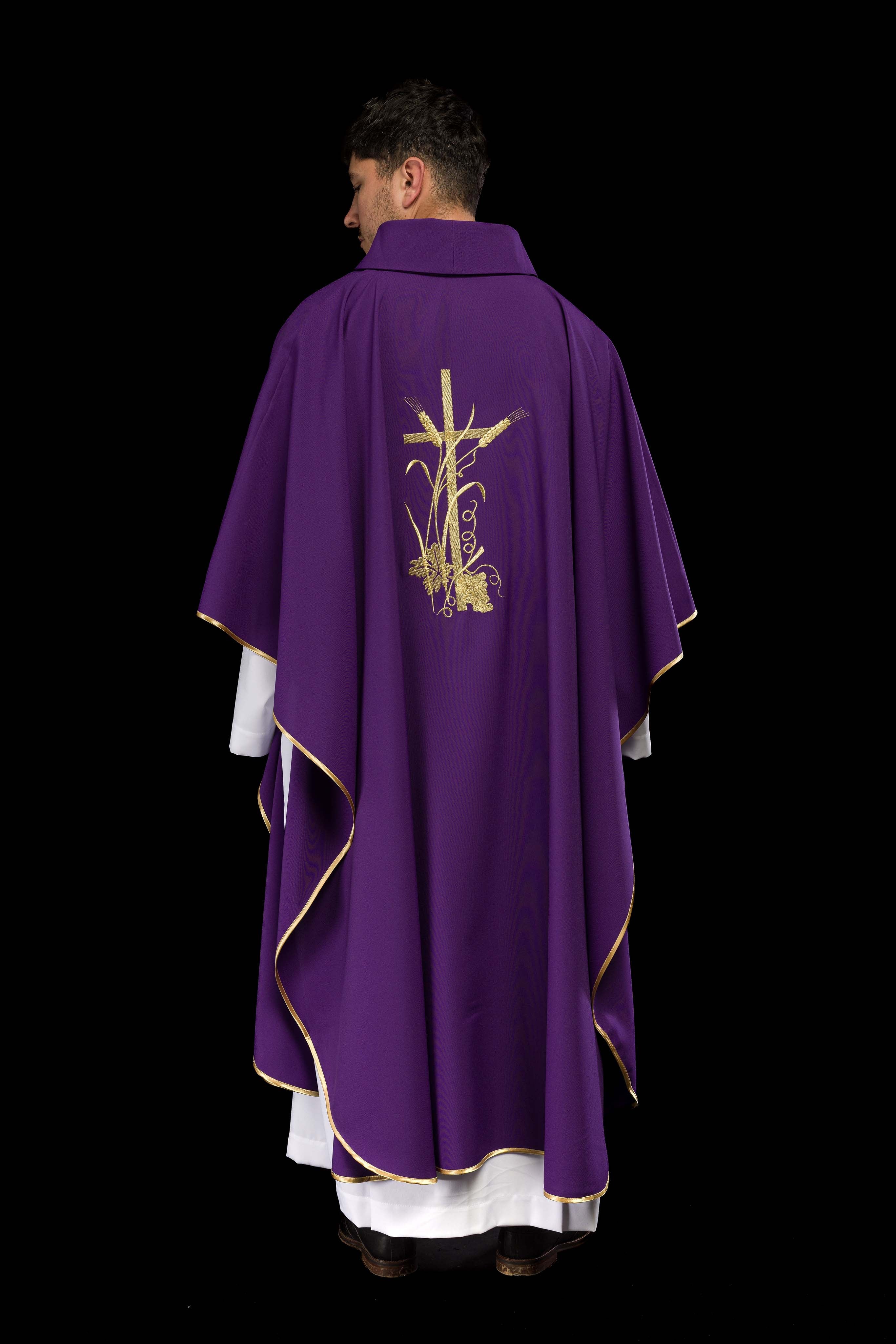 Purple chasuble with gold cross embroidery
