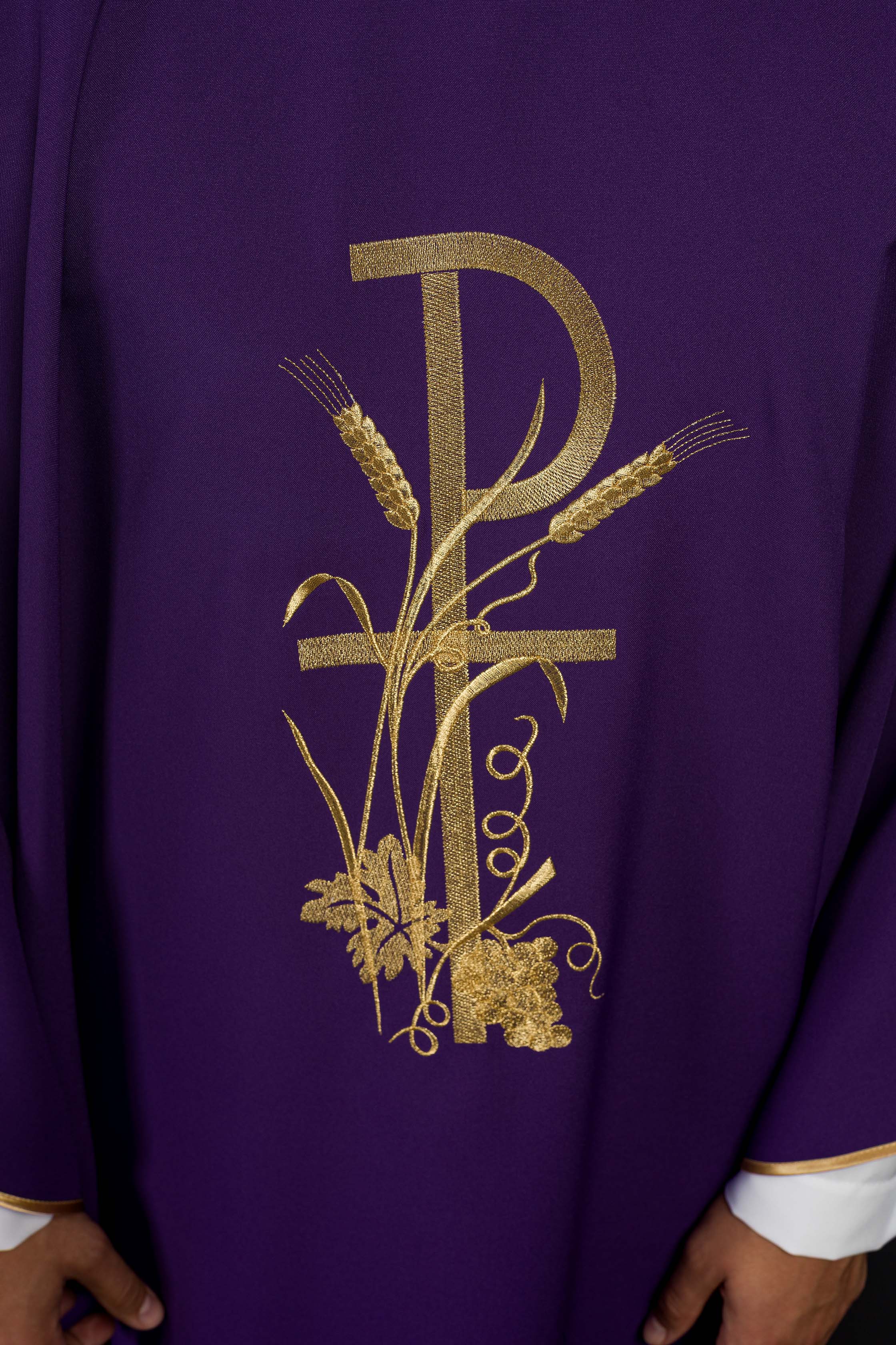 Purple chasuble with gold cross embroidery