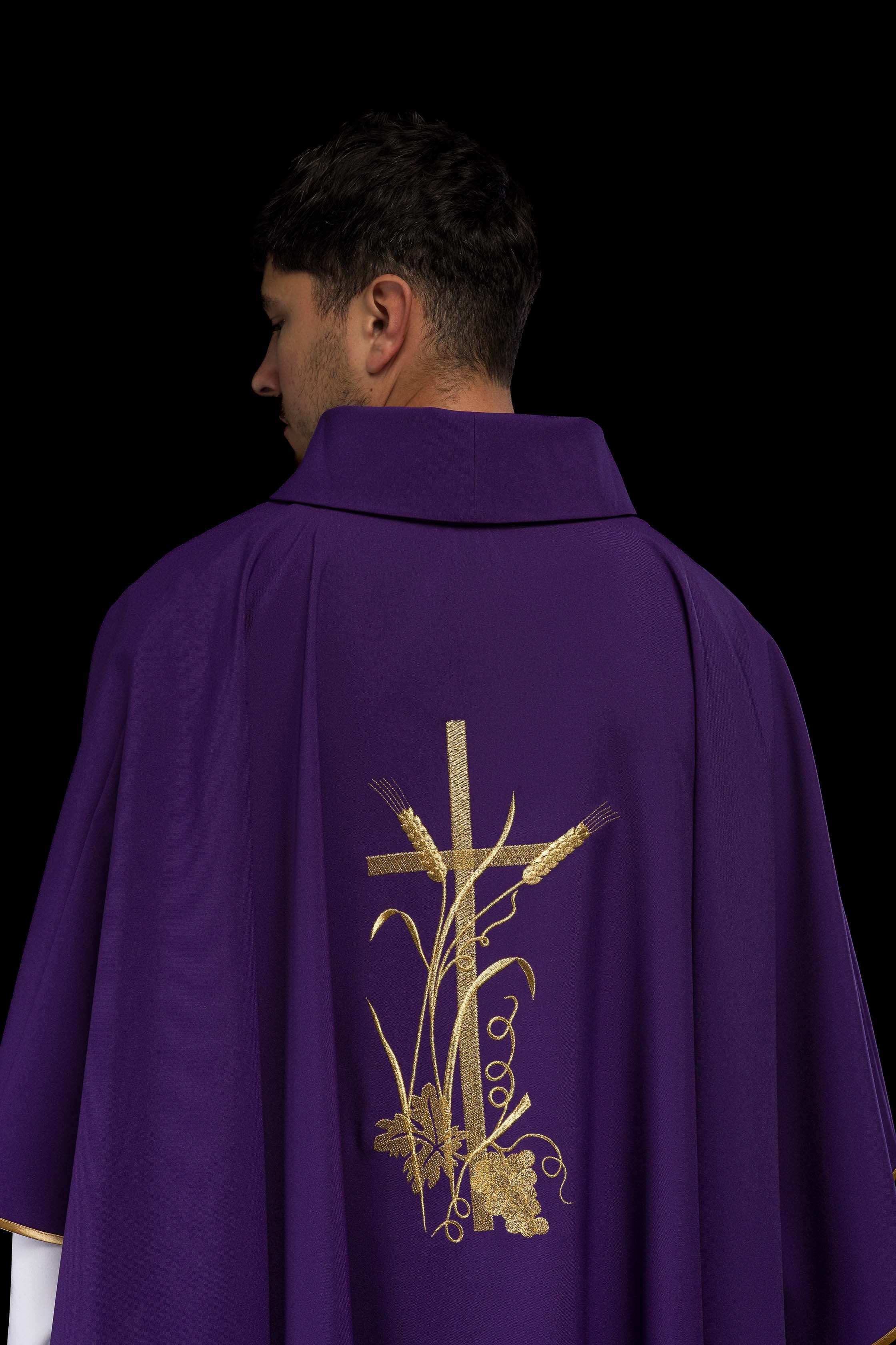 Purple chasuble with gold cross embroidery