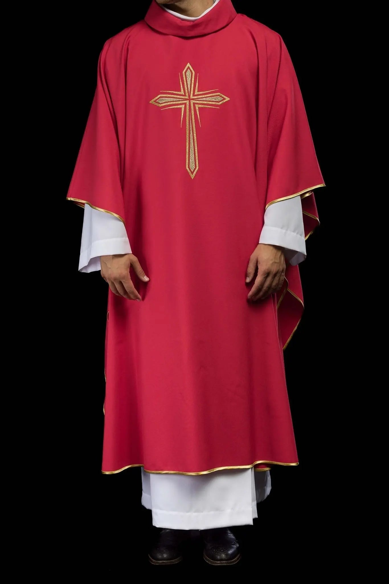 Red chasuble embroidered with cross design