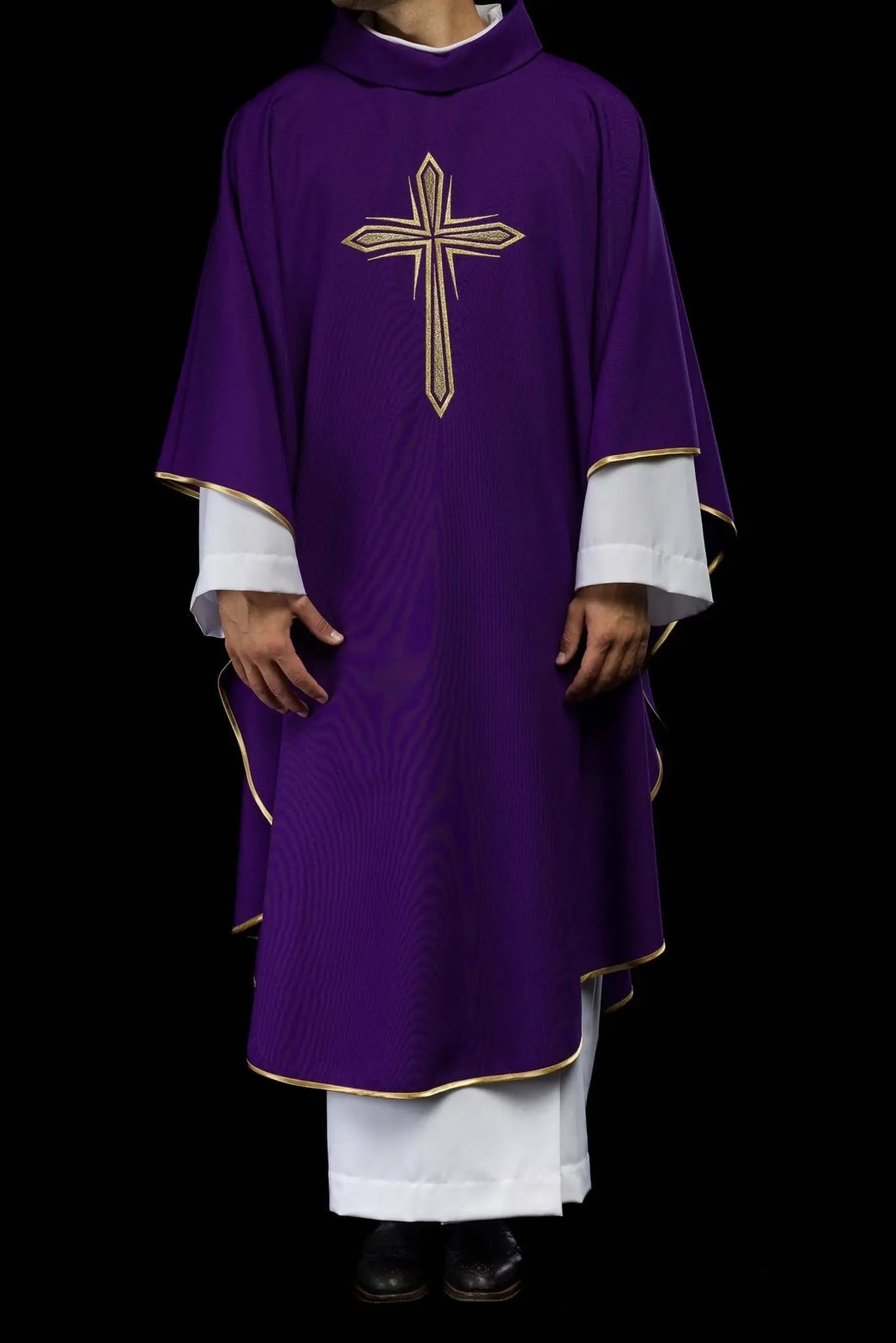 Purple chasuble with embroidery of the cross and gold piping
