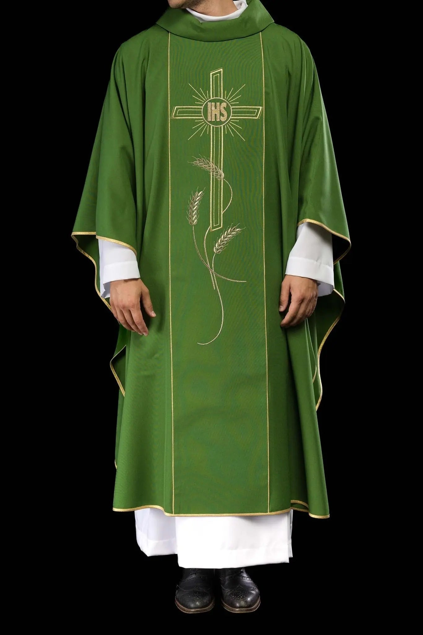 Green chasuble with wide embroidered gold stripe IHS cross