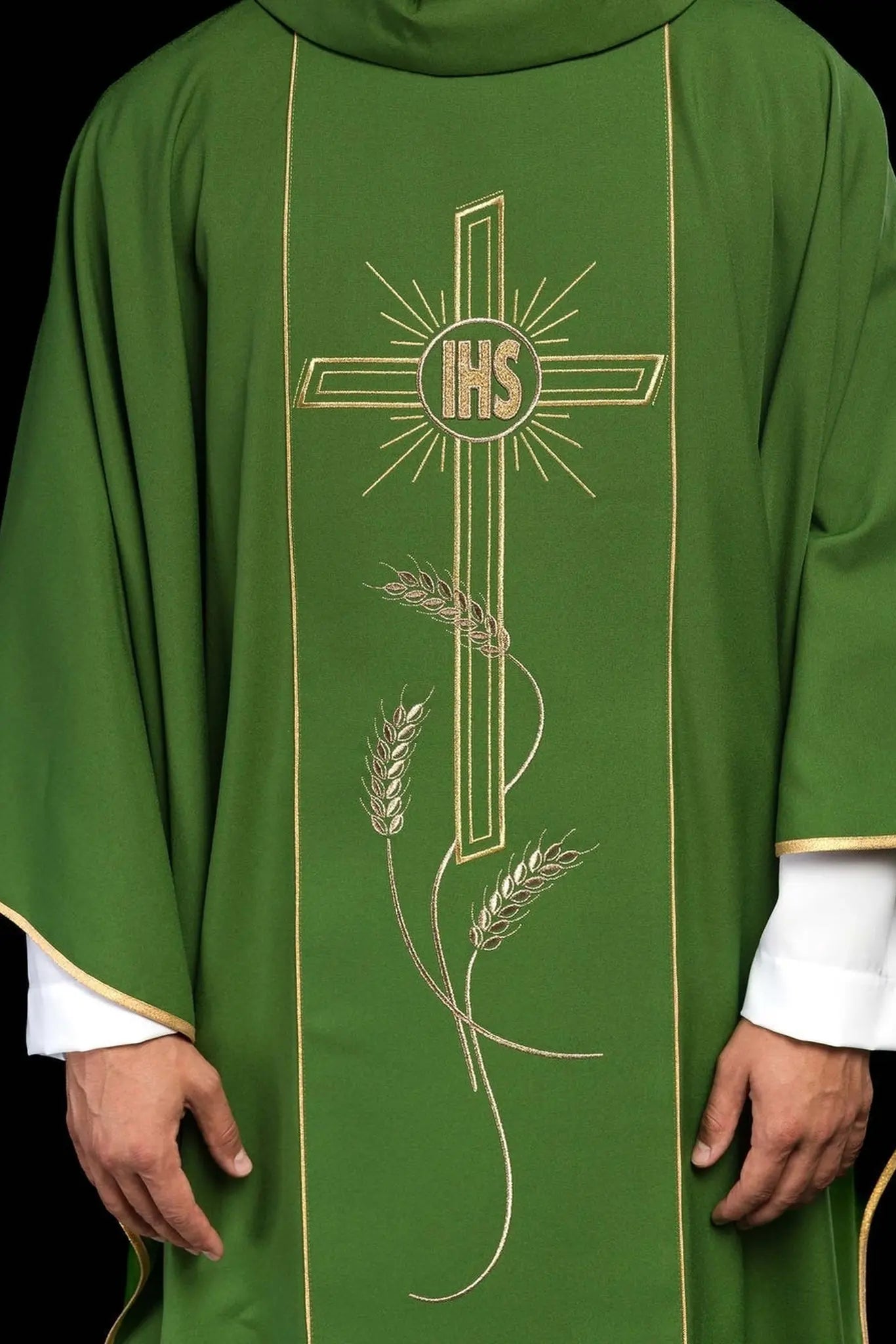 Green chasuble with wide embroidered gold stripe IHS cross