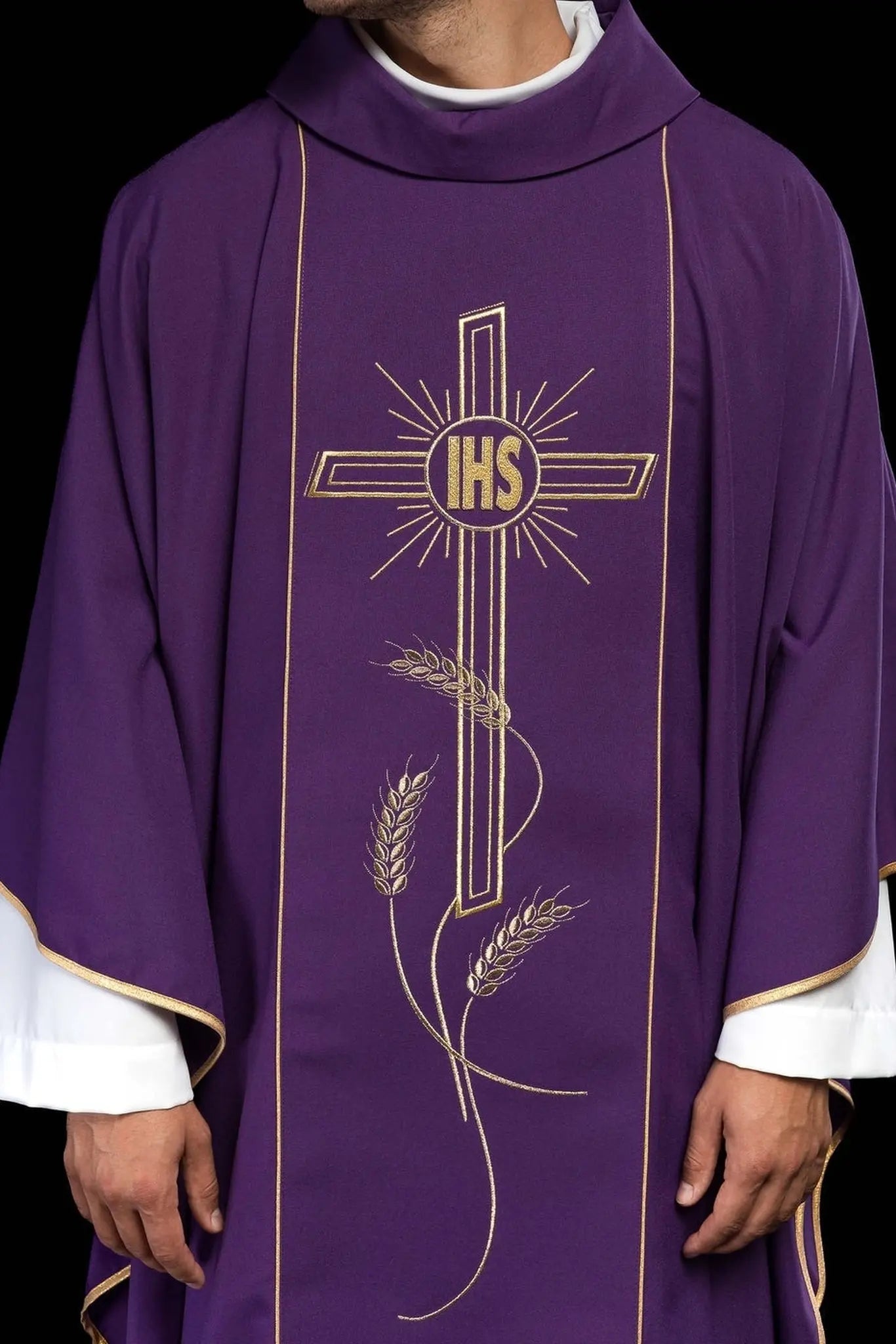 Purple chasuble with wide gold embroidered stripe IHS cross