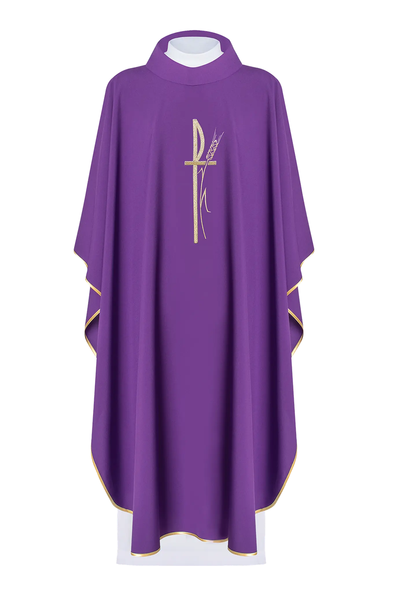 Purple liturgical chasuble with wide collar and delicately embroidered cross