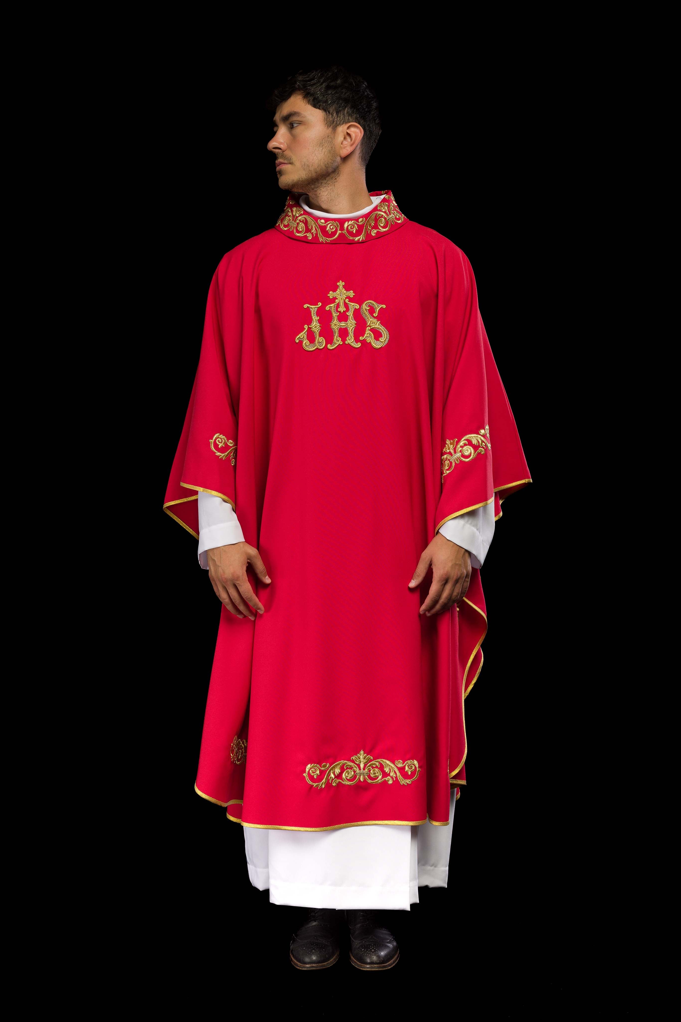Red chasuble with gold IHS embroidery and decorative trim