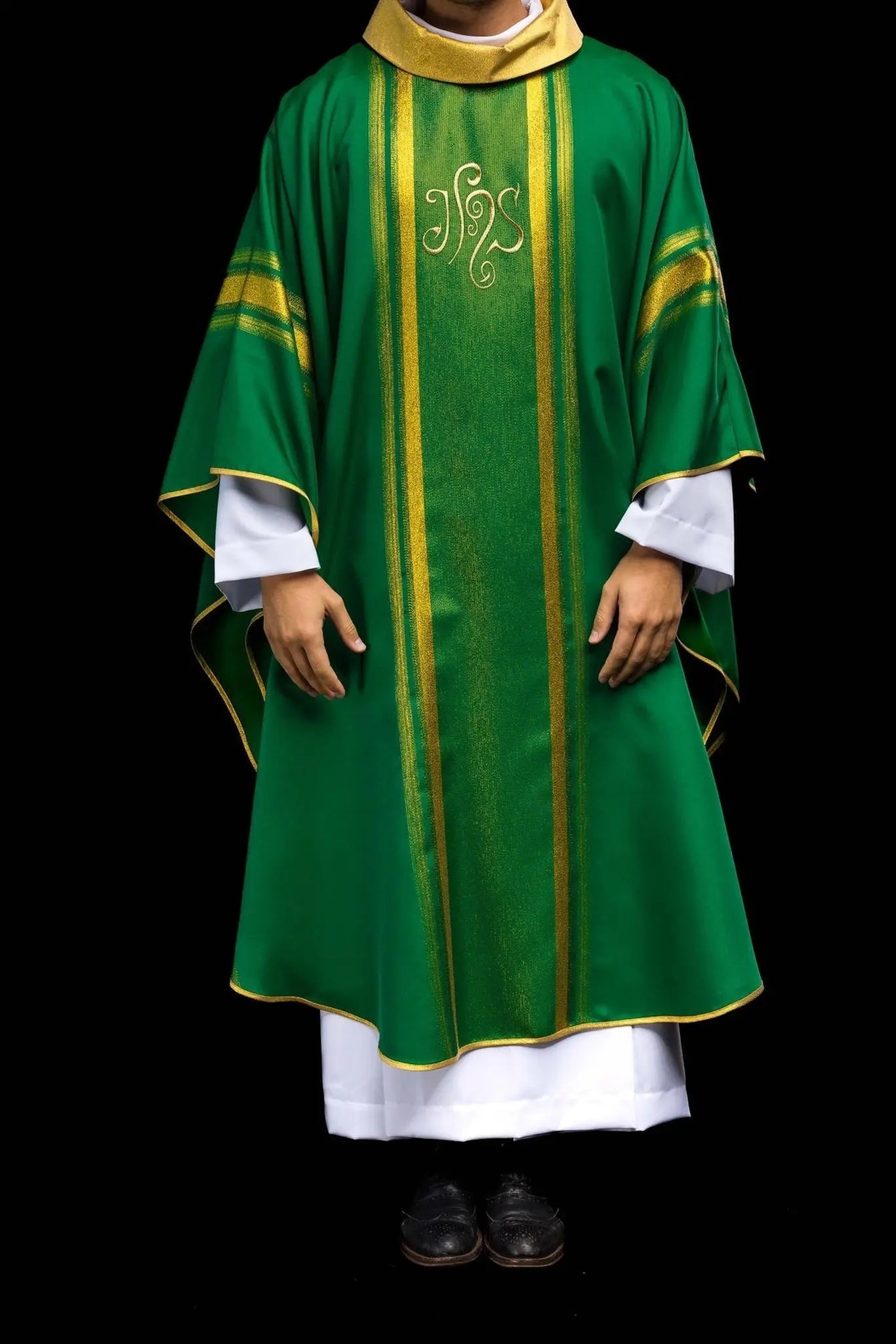 Green embroidered chasuble with IHS design with gilding