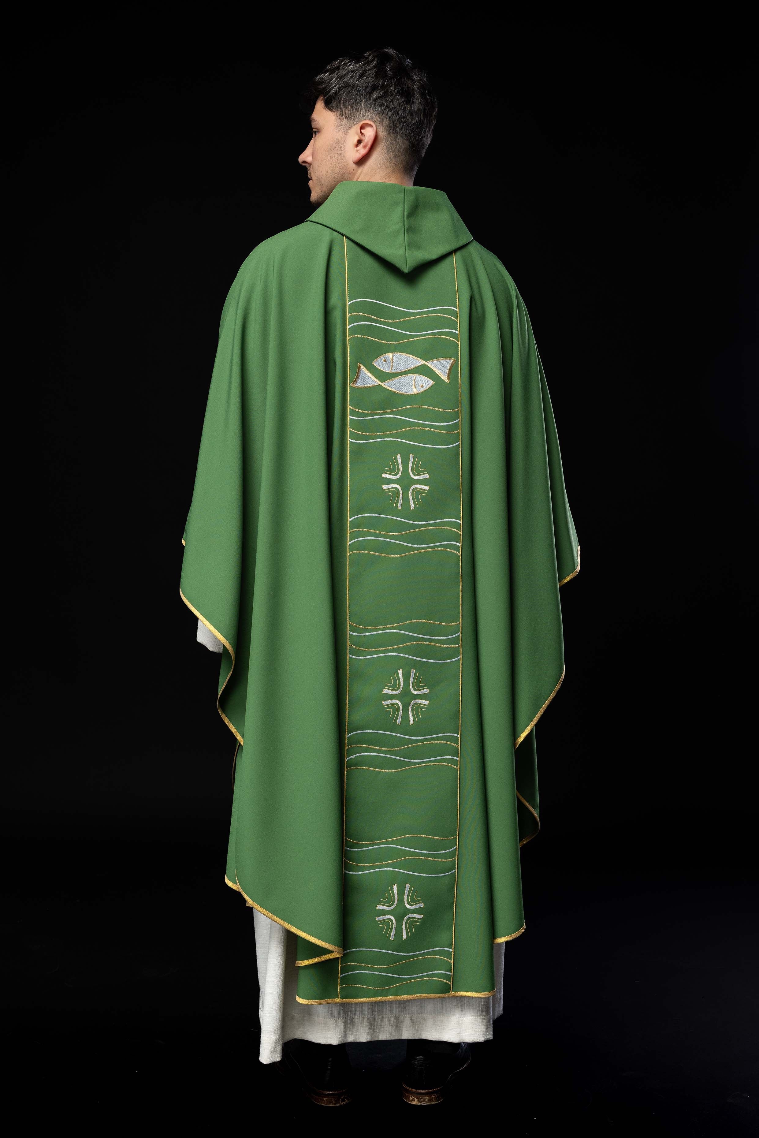 Green chasuble with cross and fish embroidery