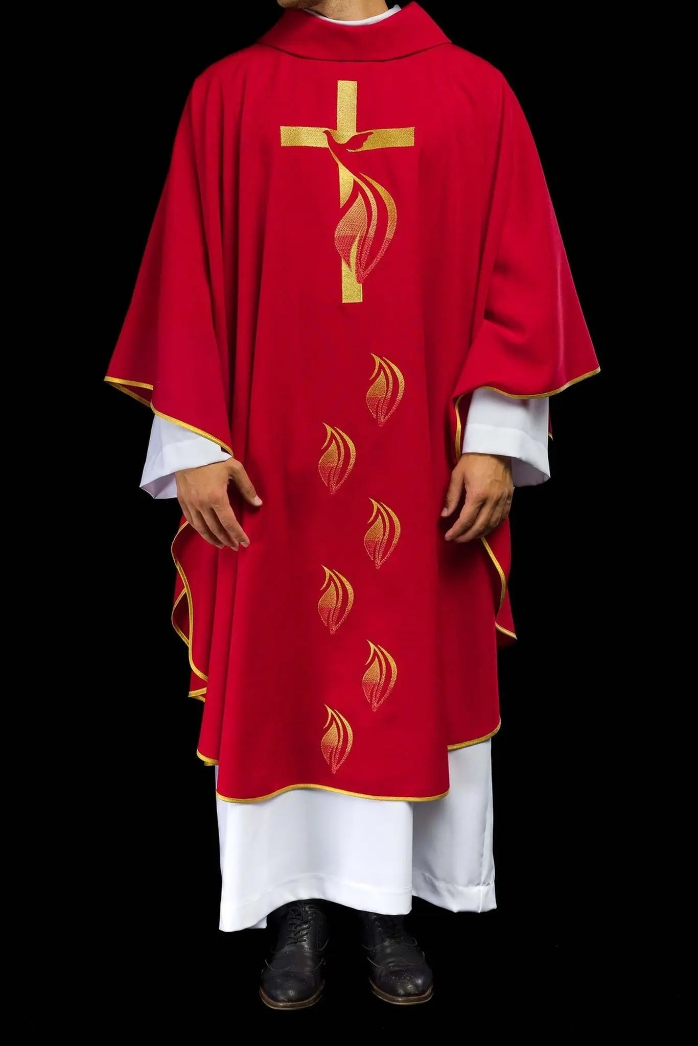 Red chasuble with Holy Spirit embroidery