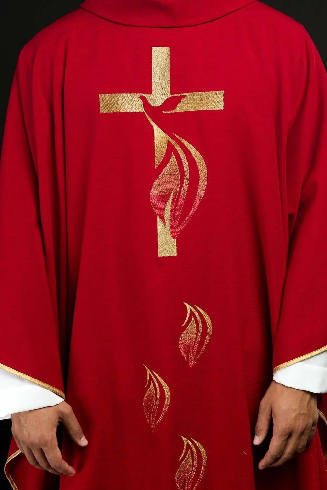 Red chasuble with Holy Spirit embroidery