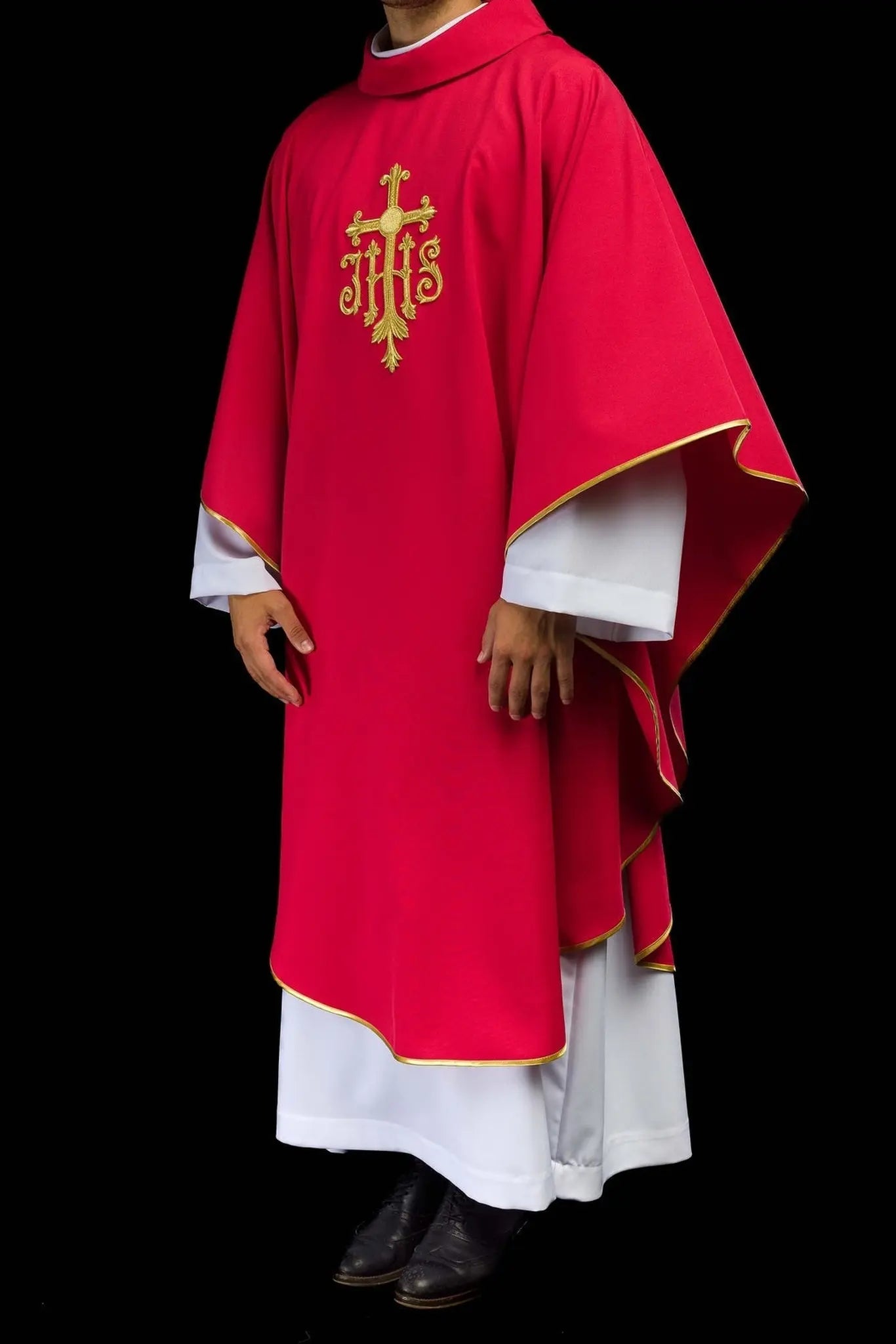 Embroidered red chasuble with JHS symbol