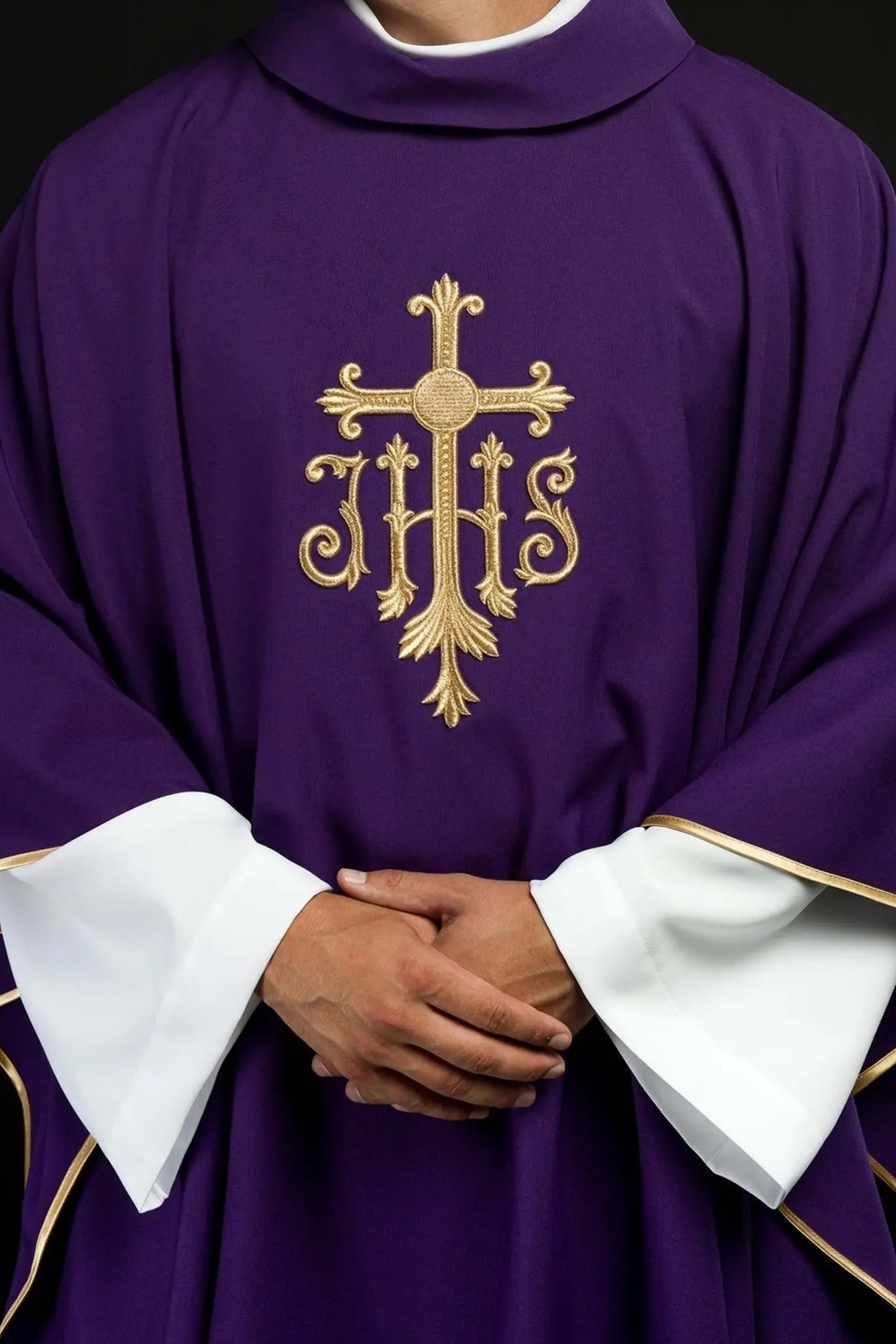 Purple embroidered chasuble with cross and JHS