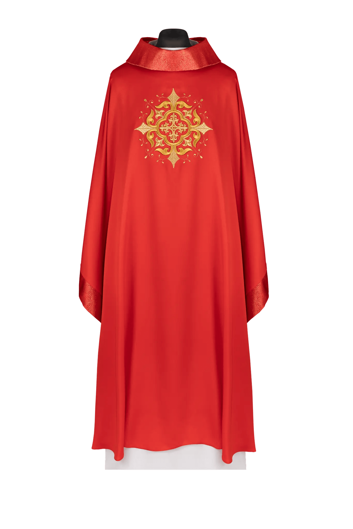 Liturgical chasuble with an embroidered cross motif and elaborate finishing red