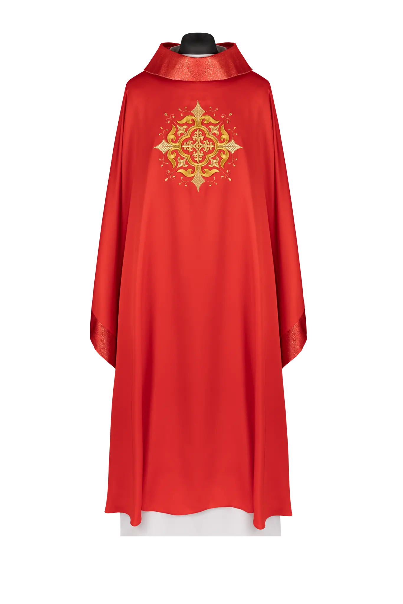 Liturgical chasuble with an embroidered cross motif and elaborate finishing red