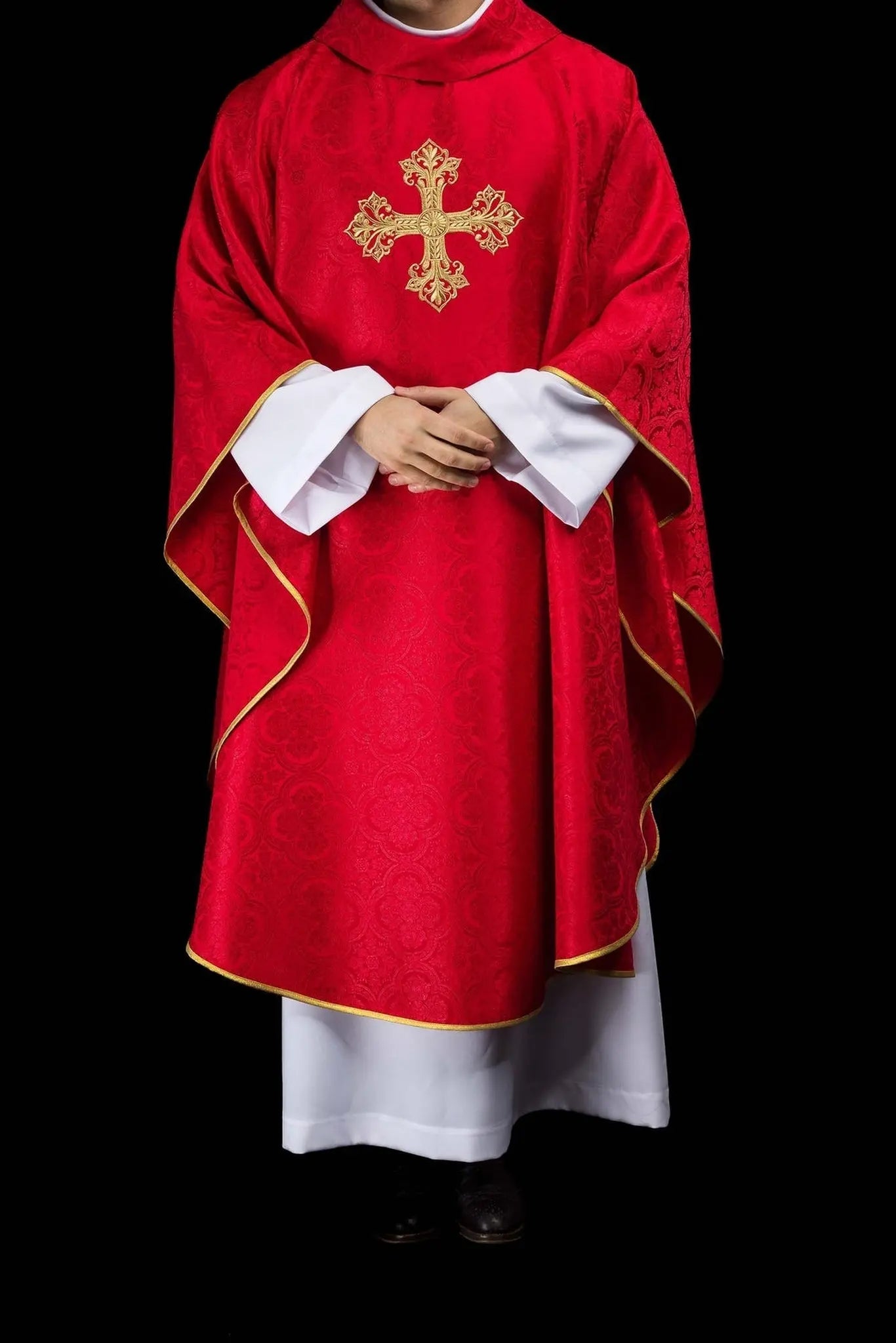 Red chasuble with cross jacquard fabric