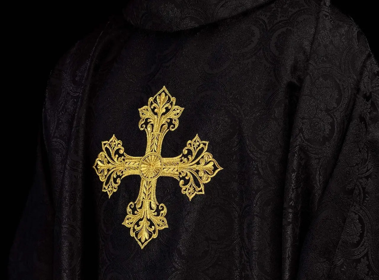 Black chasuble with cross jacquard fabric