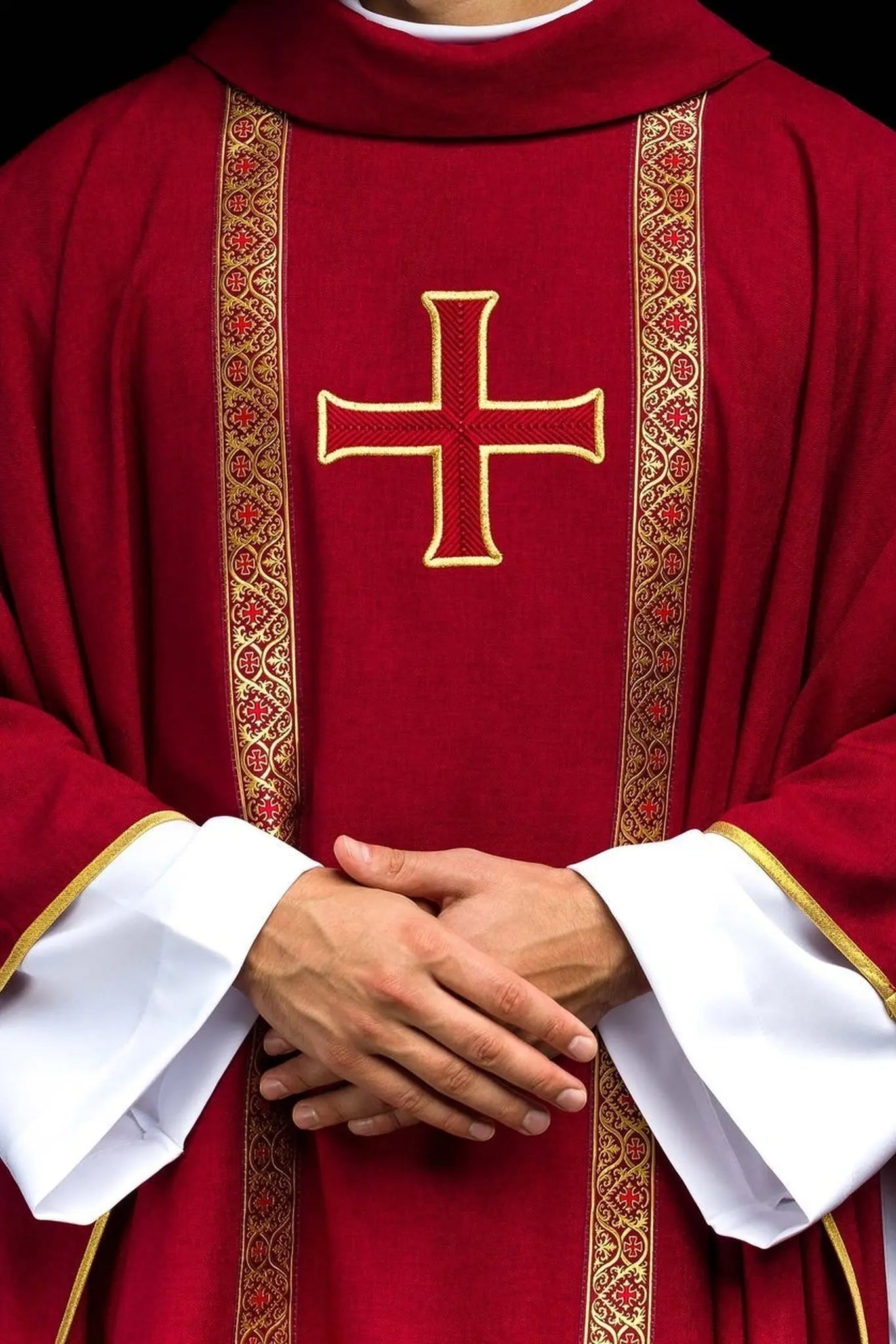 Red liturgical chasuble with embroidered cross and jacquard bands