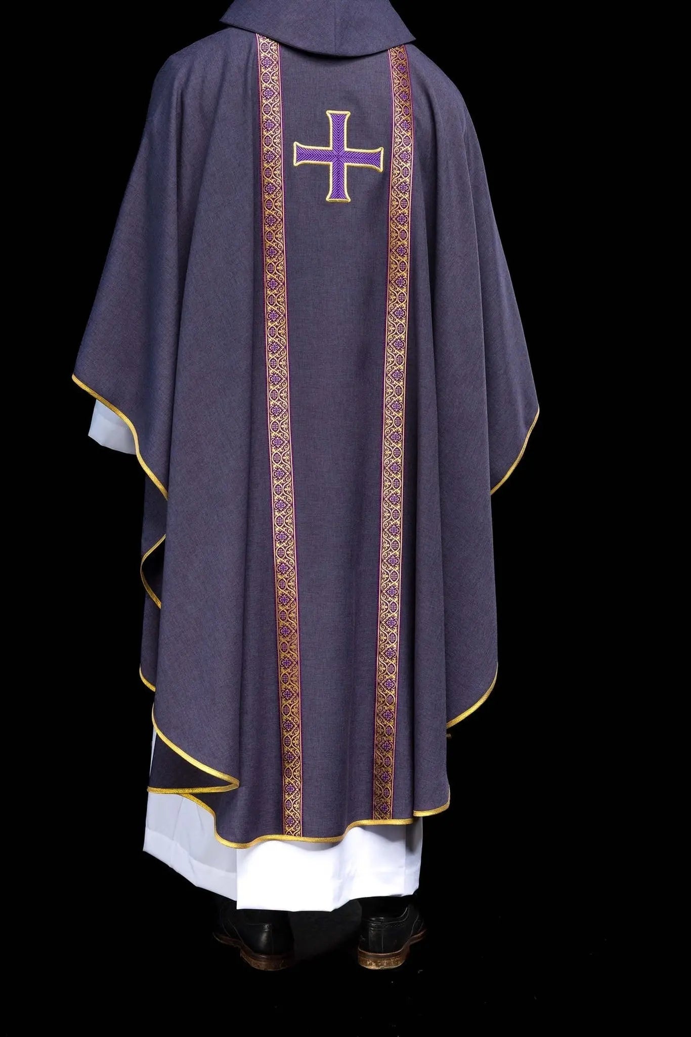 Purple liturgical chasuble with embroidered cross and jacquard bands