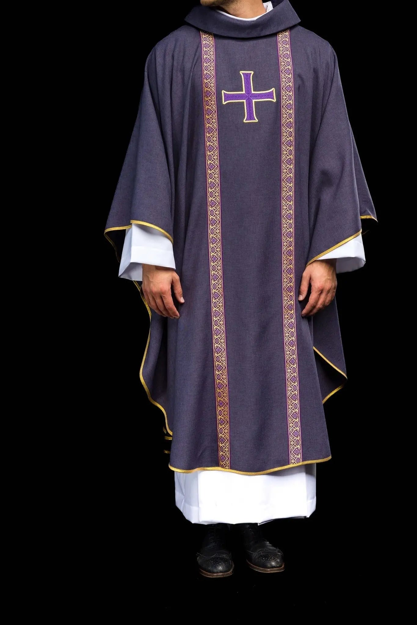 Purple liturgical chasuble with embroidered cross and jacquard bands