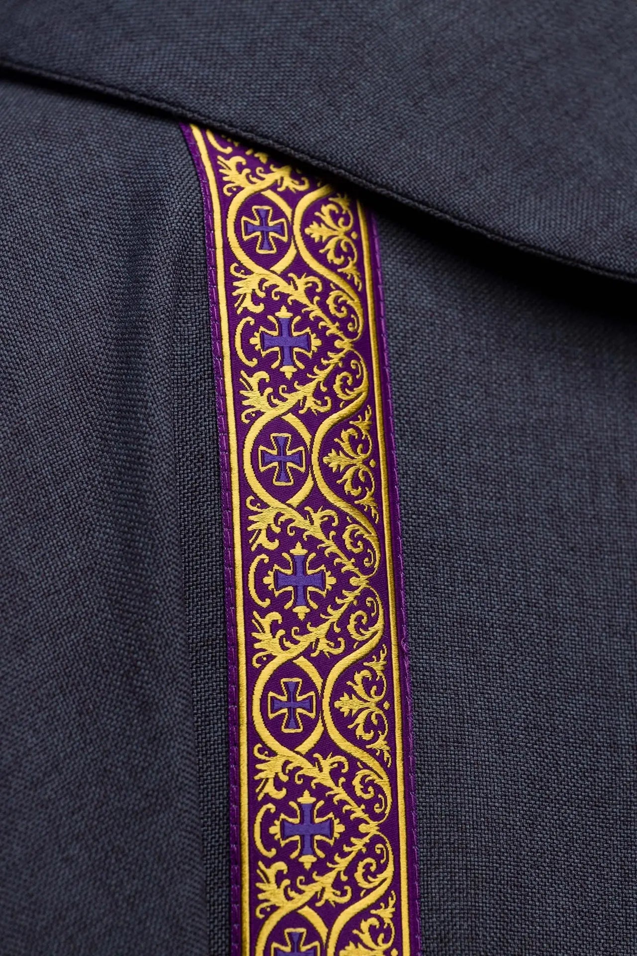 Purple liturgical chasuble with embroidered cross and jacquard bands