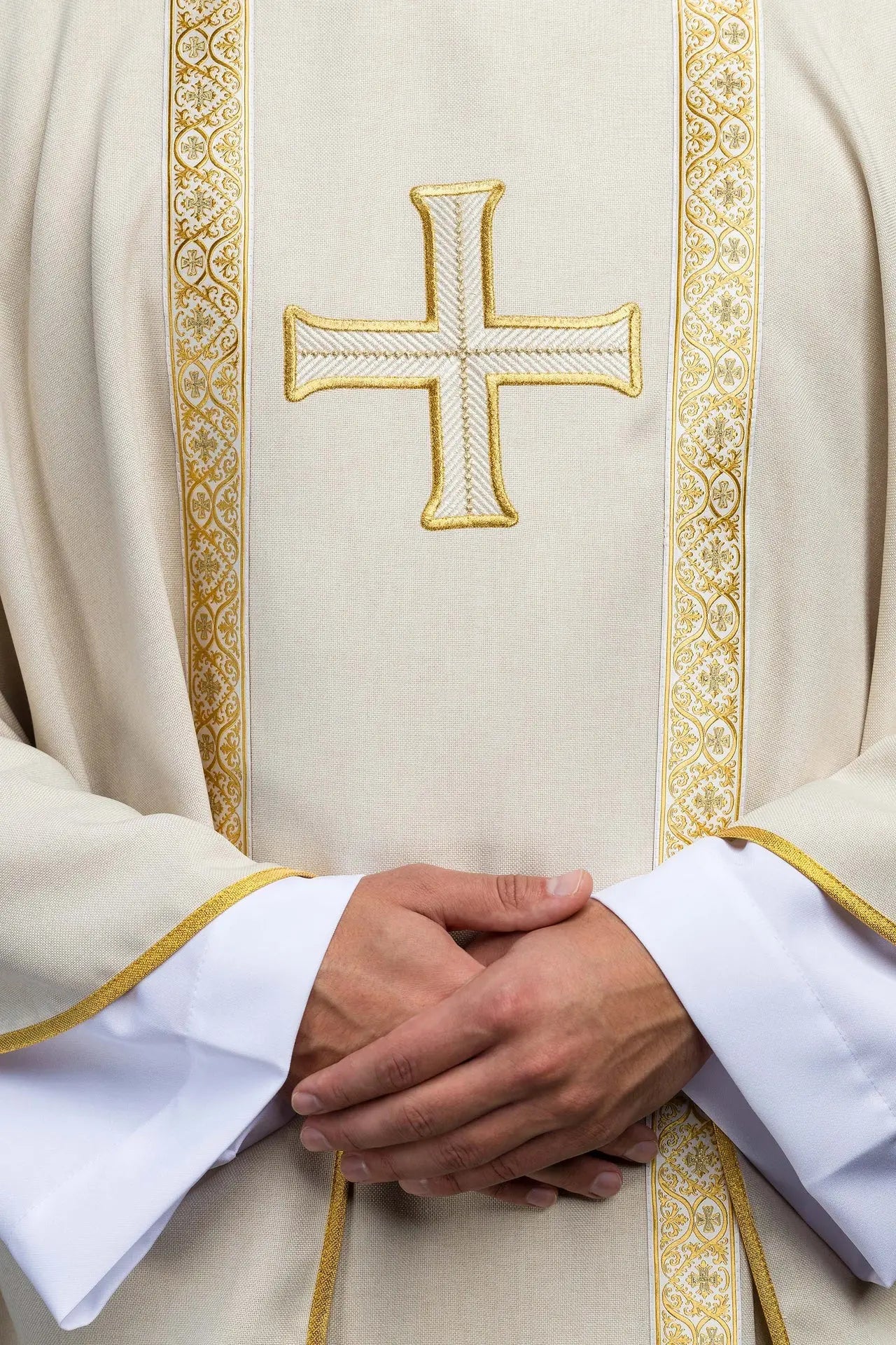 Ecru liturgical chasuble with embroidered cross and jacquard bands