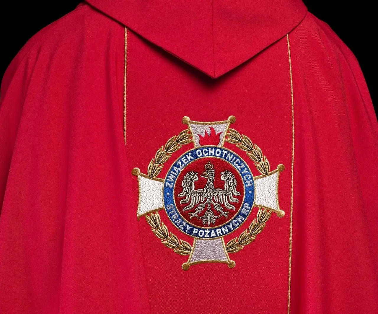 Richly embroidered chasuble featuring an image of Saint Florian