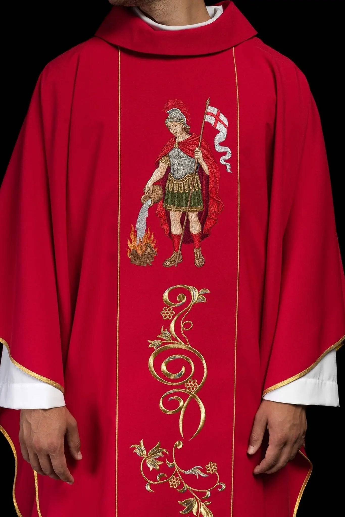 Richly embroidered chasuble featuring an image of Saint Florian