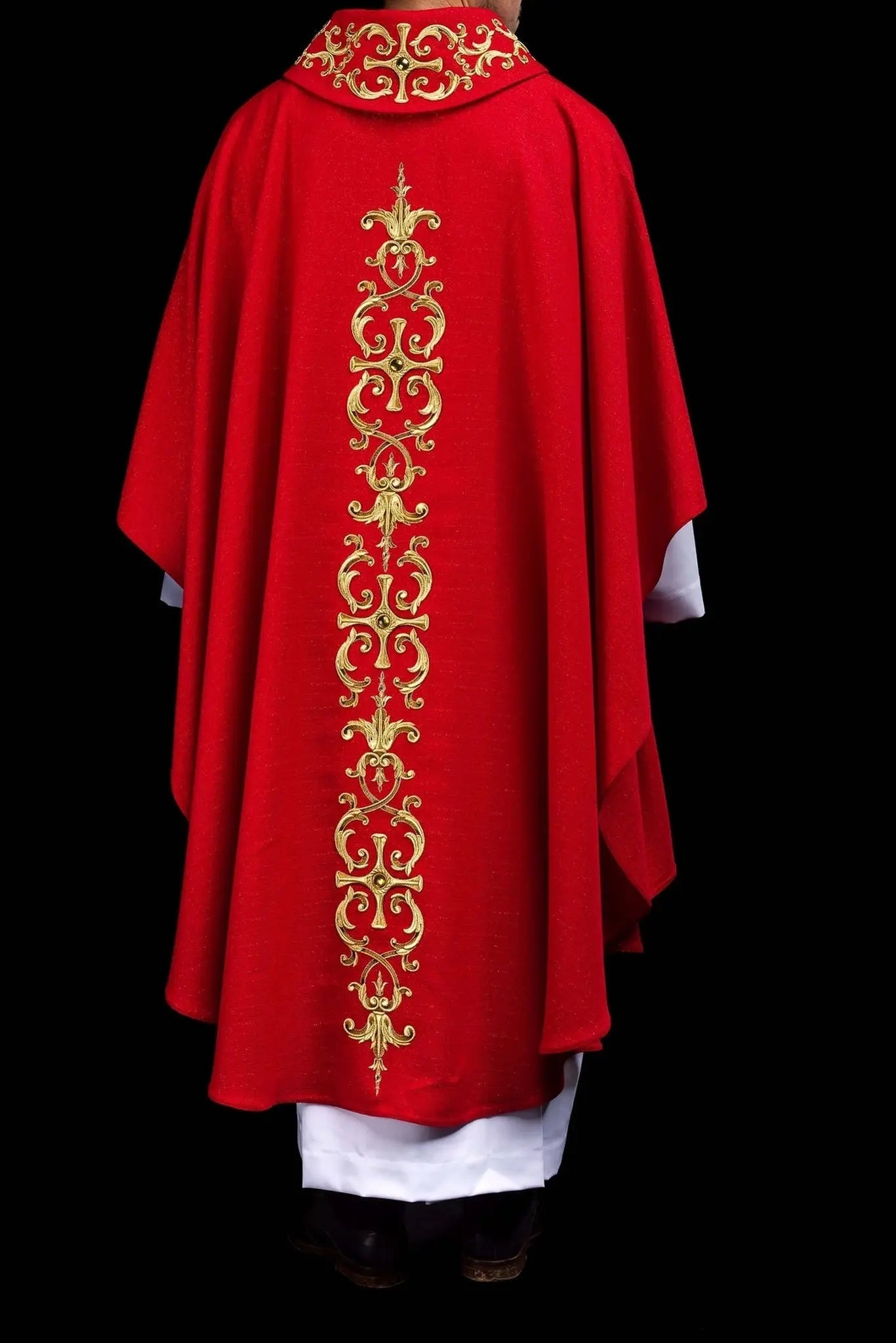 Richly embroidered chasuble with the image of Saint Paul red